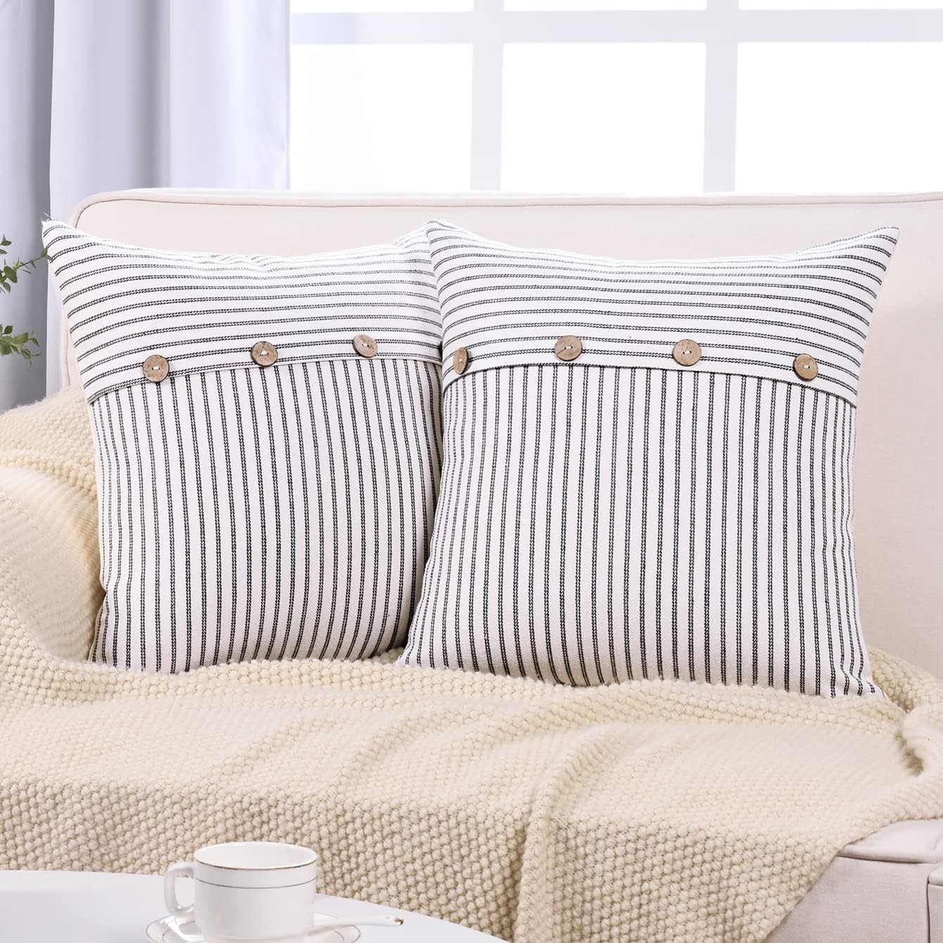 Farmhouse Pillow Covers 18 x 18, Grey and Beige Striped