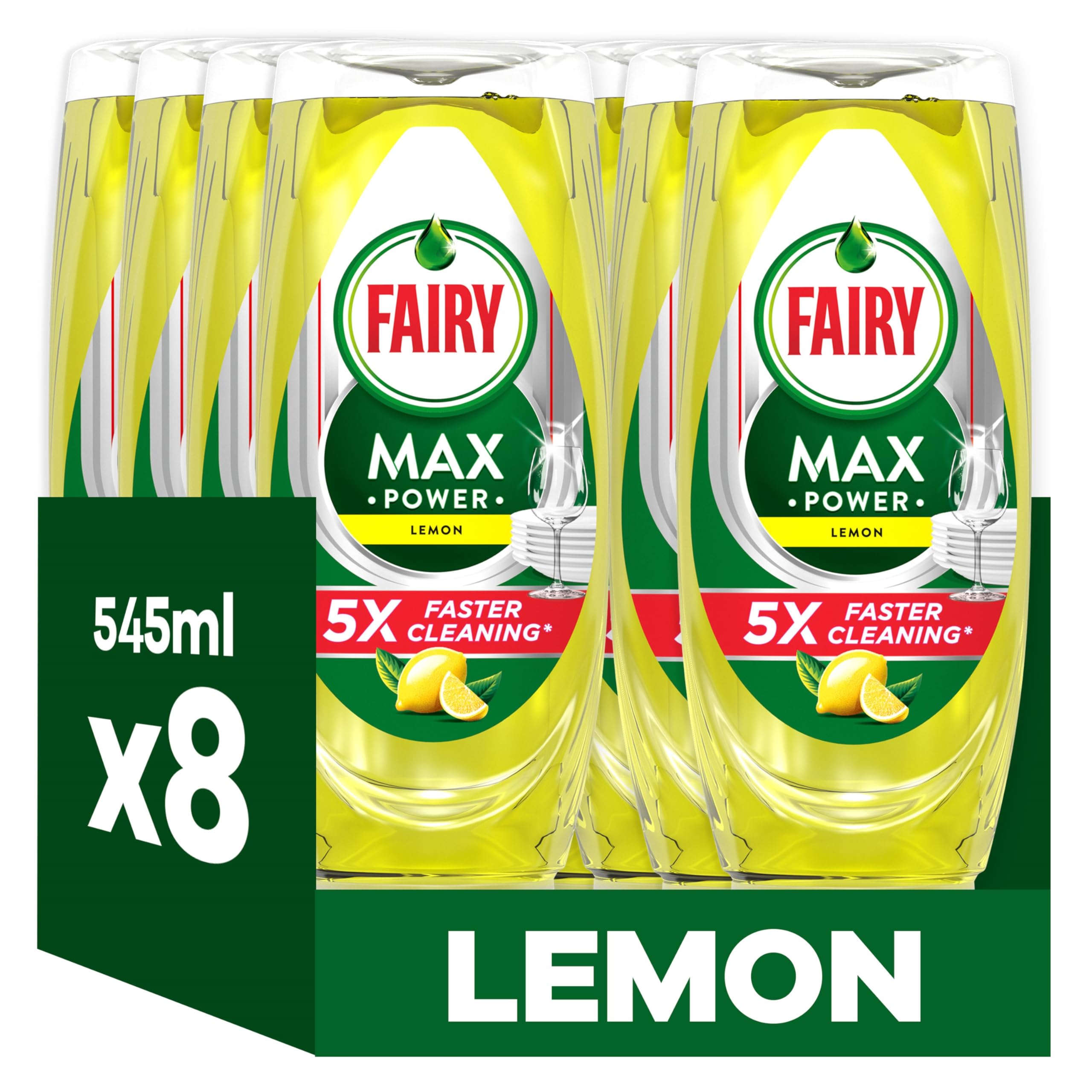 Fairy MaxPower Washing Up Liquid Lemon 8 x 545 ML, Easy & Effortless Cleaning, Even On Your Greasiest Pots & Pans