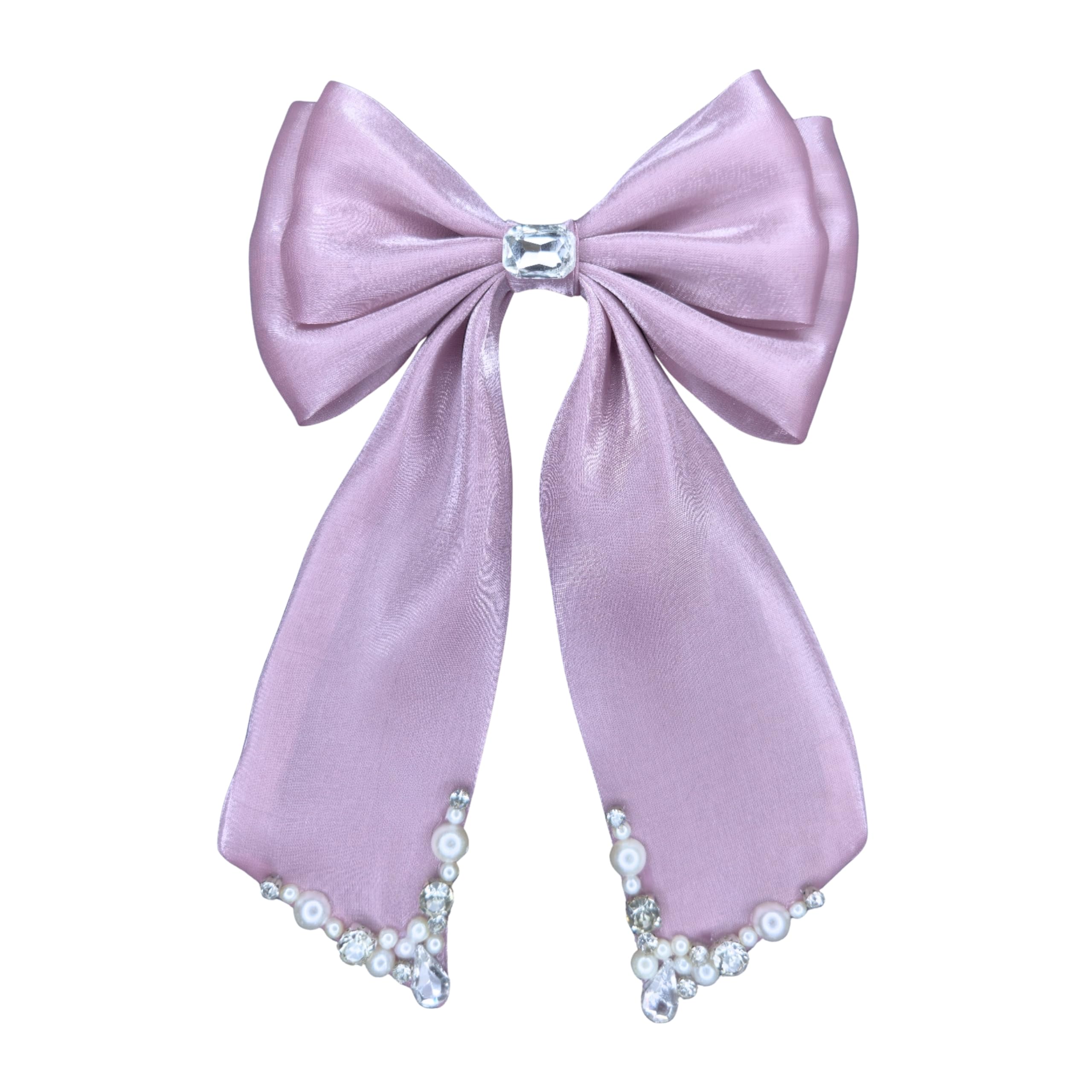 Large Organza Bow Hair Clips for Women & Girls | Premium Soft Lightweight Bow Barrettes with Alligator Clip | Elegant Long Tail Hair Accessories (Lilac Crystal Grace)-image-9