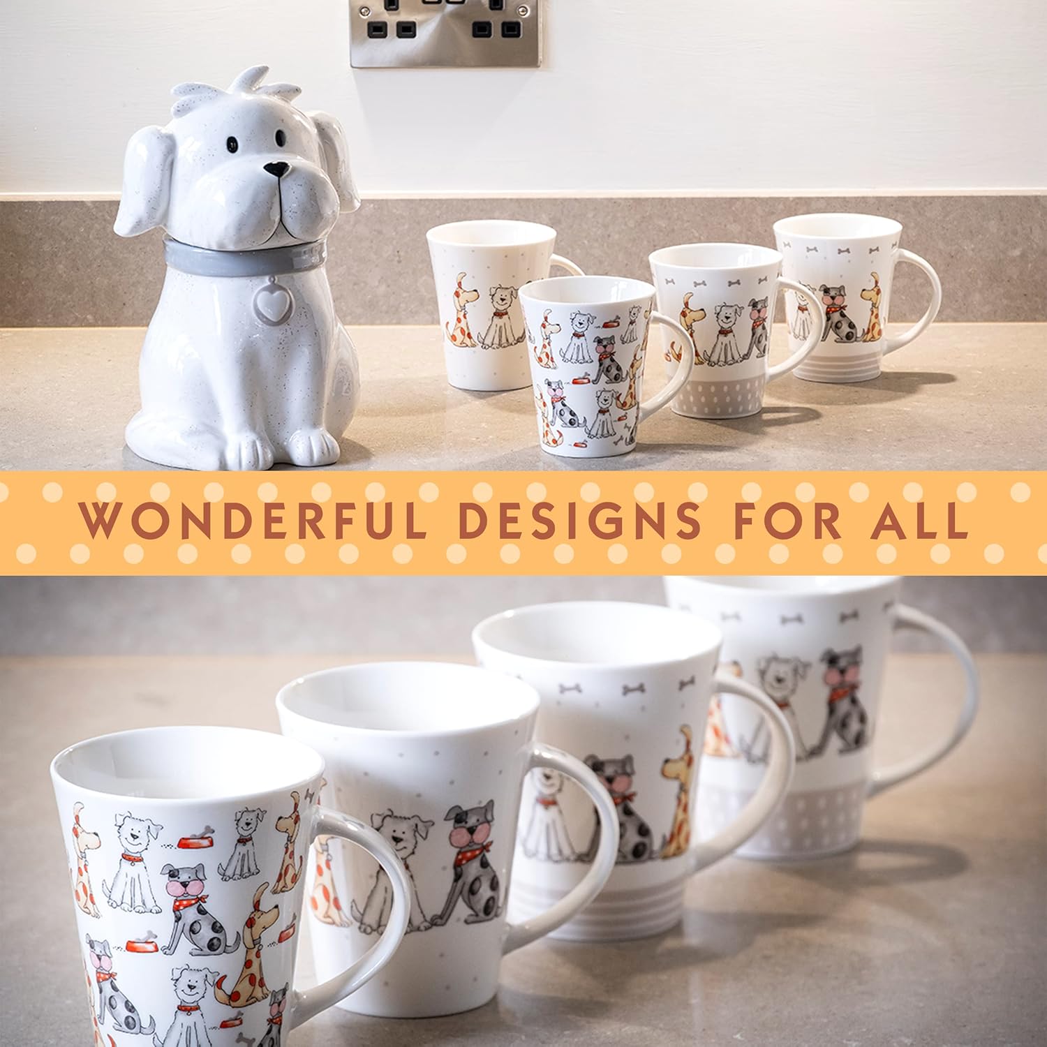 SPOTTED DOG GIFT COMPANY Dog Mugs, 12.2 oz Coffee Mug Set of 4, Cute Dogs Themed Ceramic Tea Cups, Microwave & Dishwasher Safe, Dog Lover Gifts for Women & Animal Lovers
