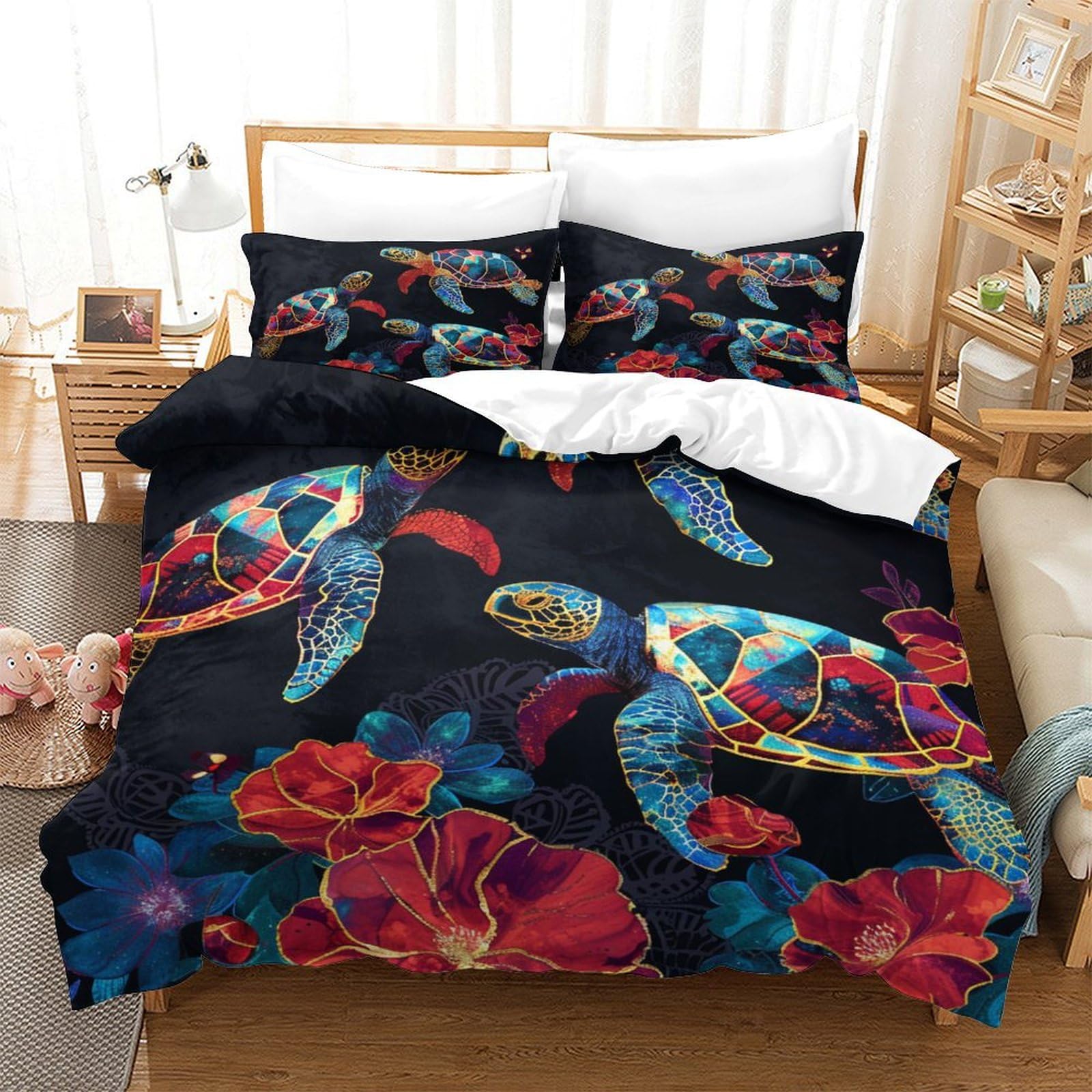 P1s9u7w5y Sea Turtle-5 Colorful Sea Turtle 3D Printed Duvet Cover Set 3Pcs Microfiber Ocean Bedding Set Double（200X200cm）