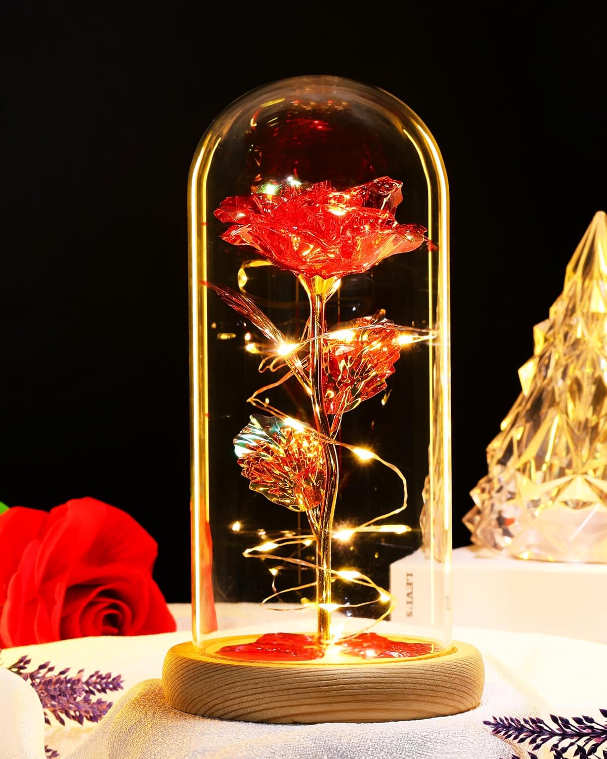Preserved Fresh Flower in Glass Dome with LED Lights, Gold Stem Rose with Wooden Base, Romantic Home Decor Gift for Valentine's Day (A red Rose as a Gift for mom or a Lover)