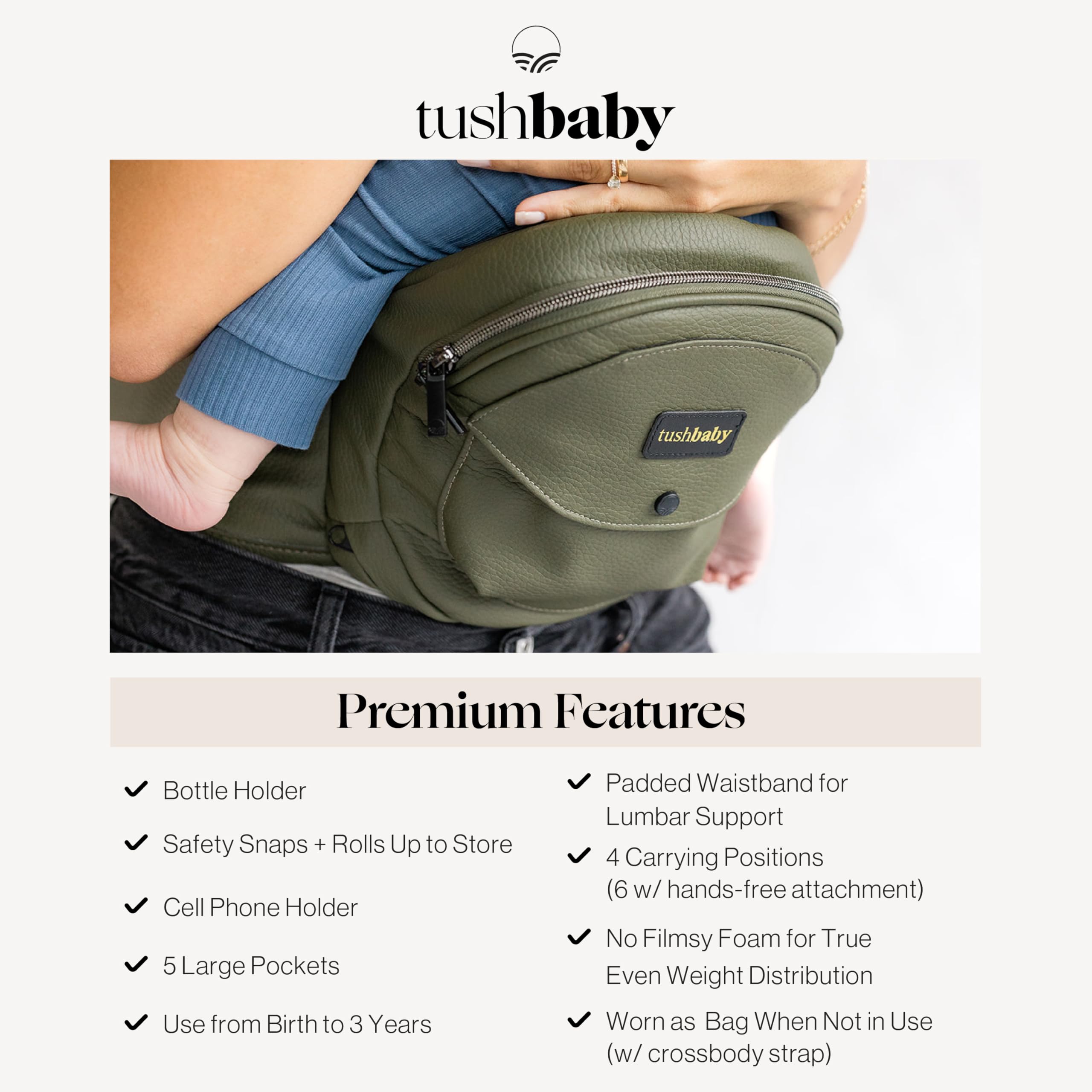 Tushbaby Hip Carrier for Babies & Toddlers (Olive) - Safety-Certified, Machine Washable Child Waist Seat for One Hand Support with Multi-Pocket Storage, 23”- 44” Waist, Holds Kids 0-3 yrs up to 45lbs — view 5