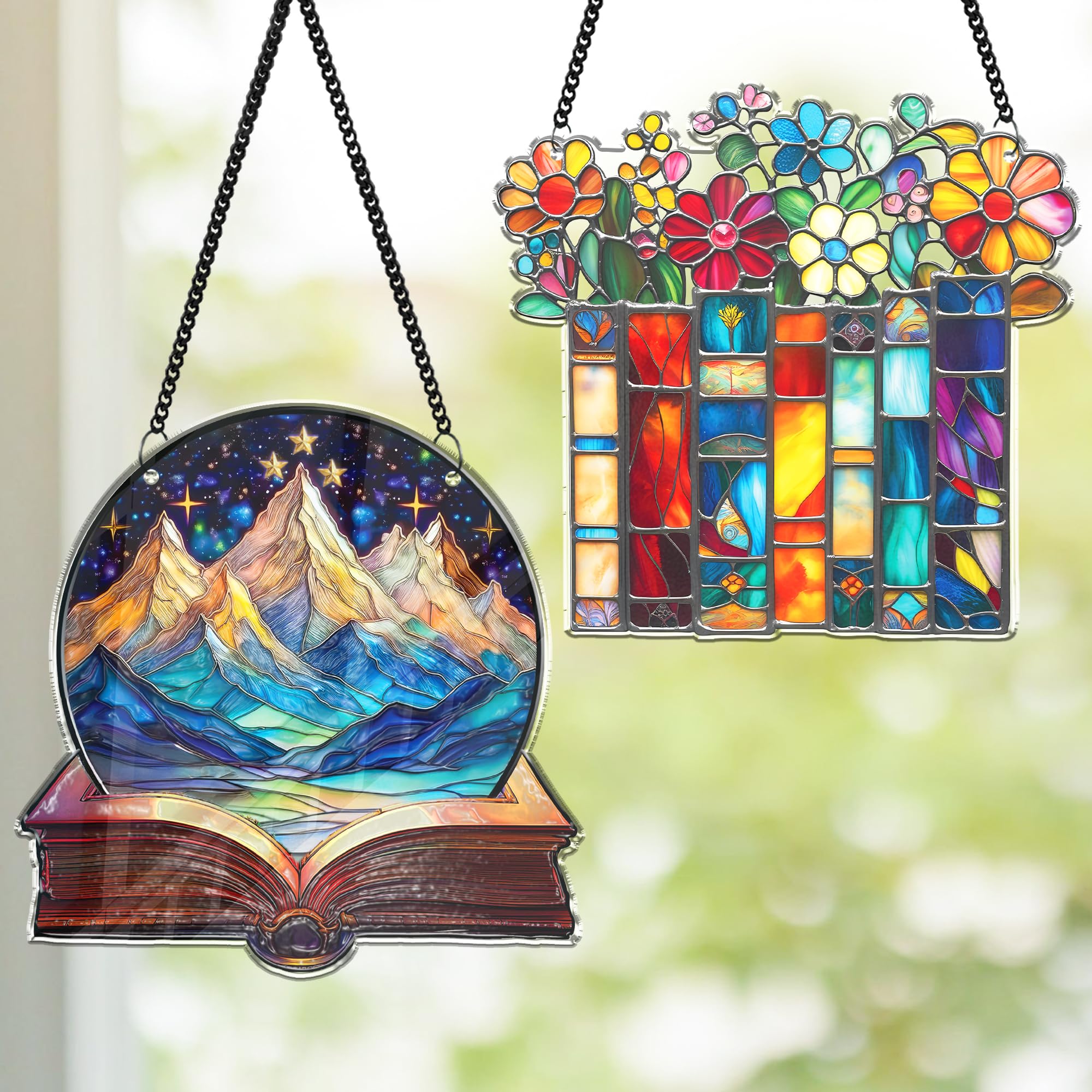 2 Mountain and Flower Book Gifts for Book Lover, Bookish Acrylic Suncatchers Window Hanging, Gifts for Readers Bookaholics Women Accessories Library Bookshelf Fantasy Decor SS345-image-11