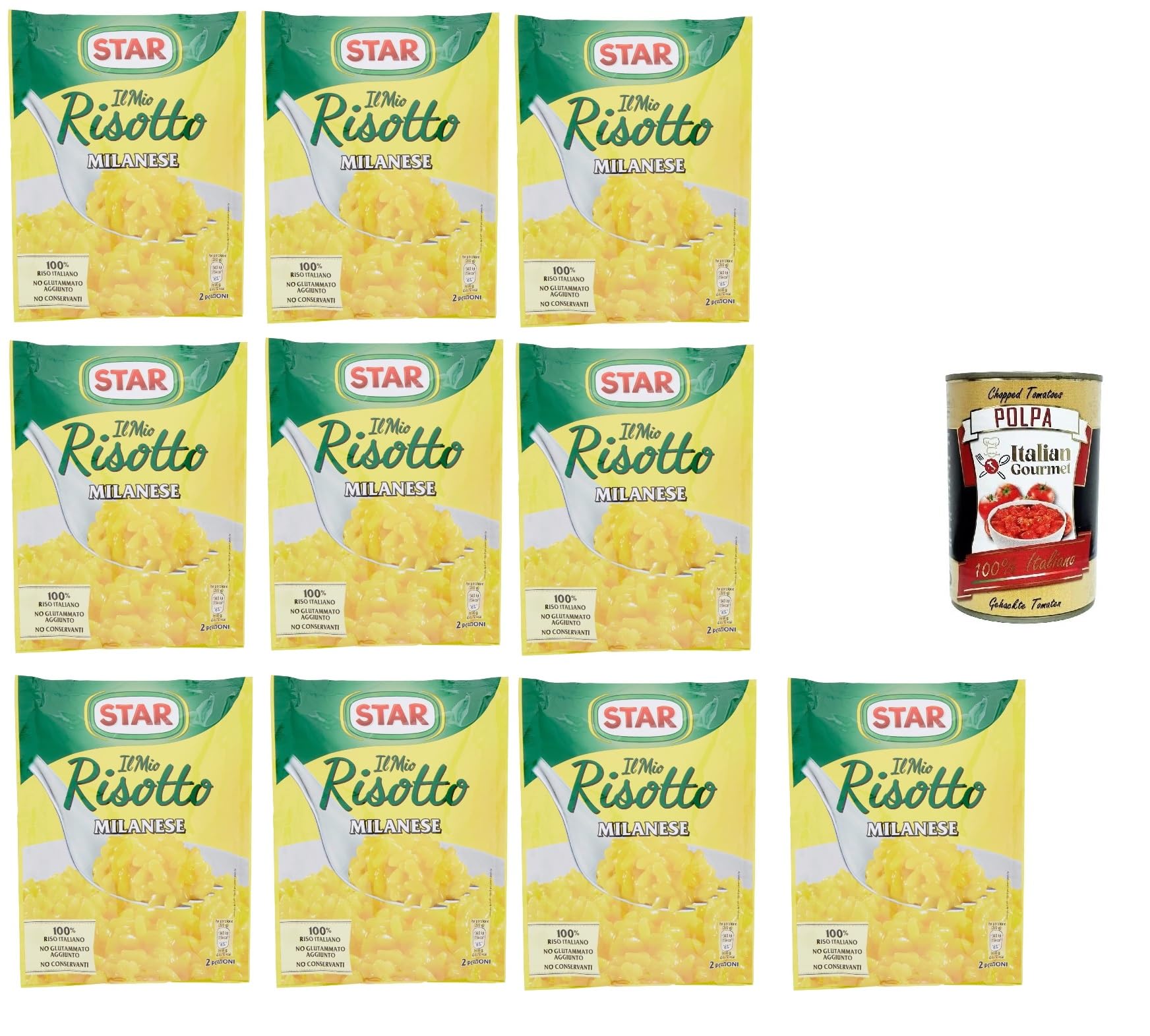 Star Risotto Lot de 10 crèmes au riz crémeux Alla Milanese au safran 175 g Plats préparés 100% italiens + Polpa Italian Gourmet 400 g