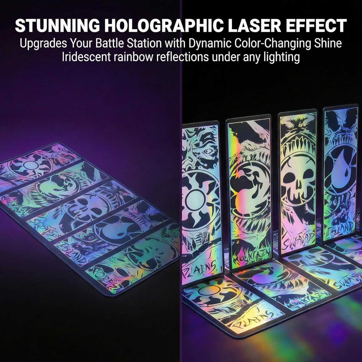 Holographic TCG Playmat for MTG with Waterproof Oxford Bag, Premium Trading Card Game Mat with Stitched Edges, Iridescent Elemental Game Pad, Anti-Slip Rubber Base (Basicland)