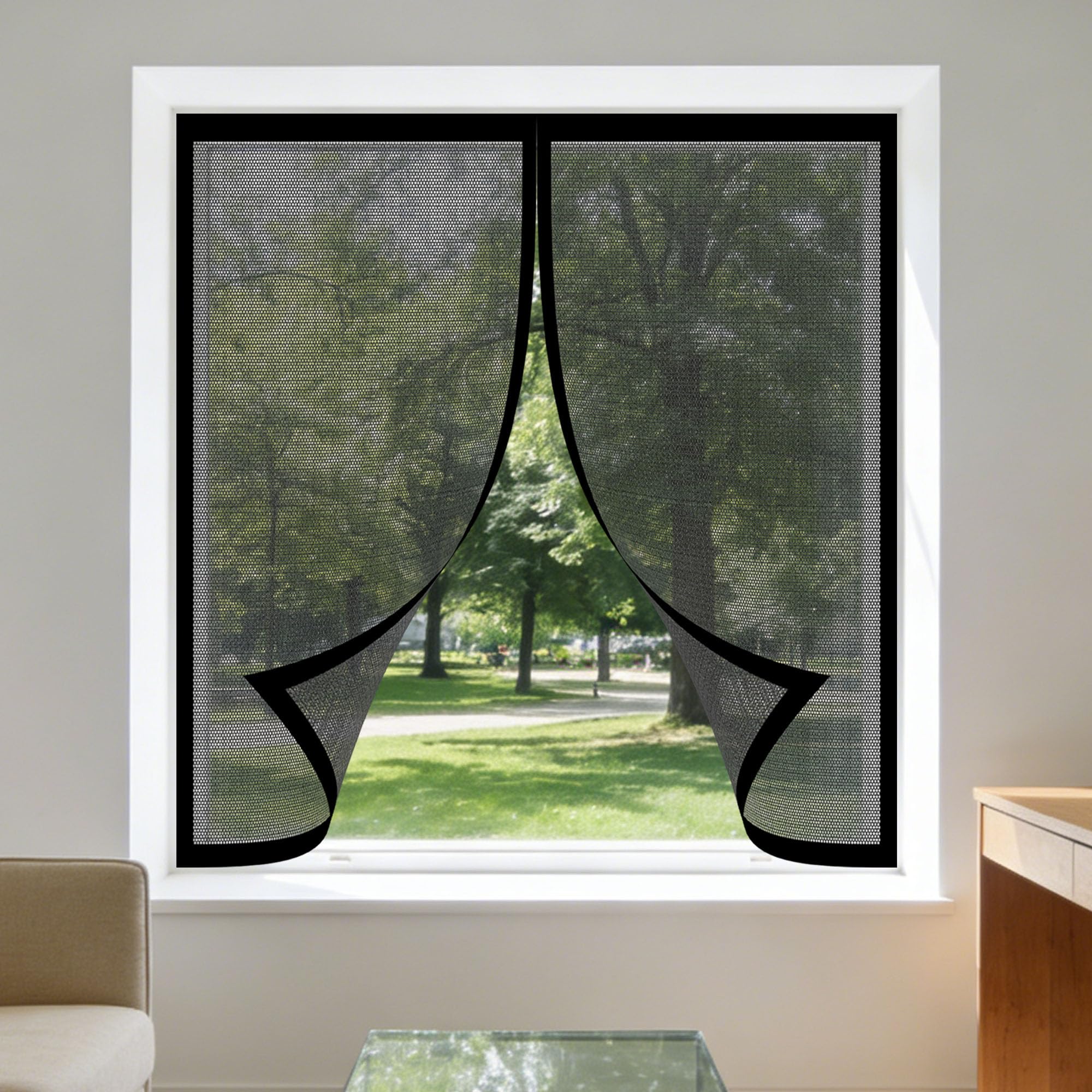 Magnetic Fly Screen Window 135 x 165 cm with Selfadhesive Reinforced Thickened Window Screen Custom Size for Living Room Bedroom Offfice, Black