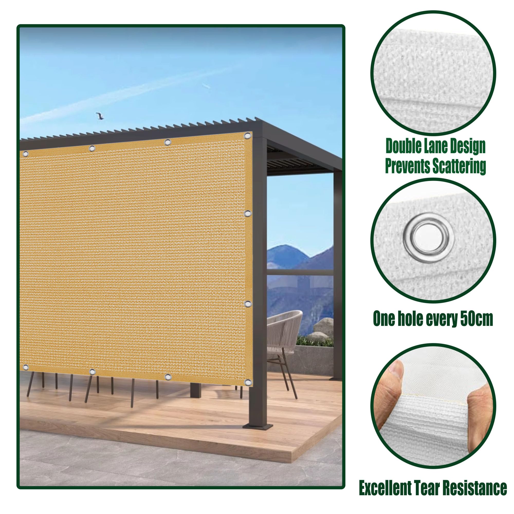 Voile Ombrage 2.4 x 7 m Vent et Perméable à l'eau Toile d'ombrage Jardin Exterieur avec Œillets Plusieurs Tailles pour Jardin, Terrasse, Balcon, Camping, Pergola, Jaune Sable