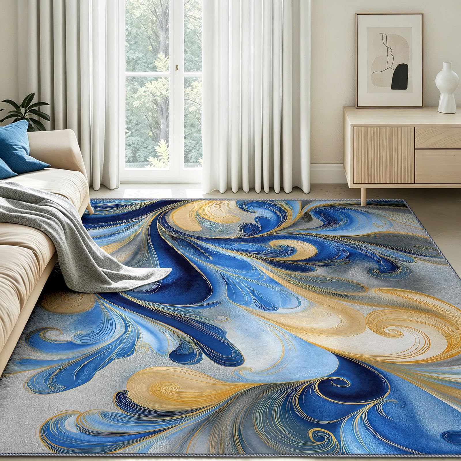 Generisch Nadający się do prania dywan do salonu, 140 x 200 cm, wzór wirowego płynu, do kuchni i sypialni, dywan o niskim runie, antypoślizgowy, miękki, przyjazny dla skóry, jakość hotelowa