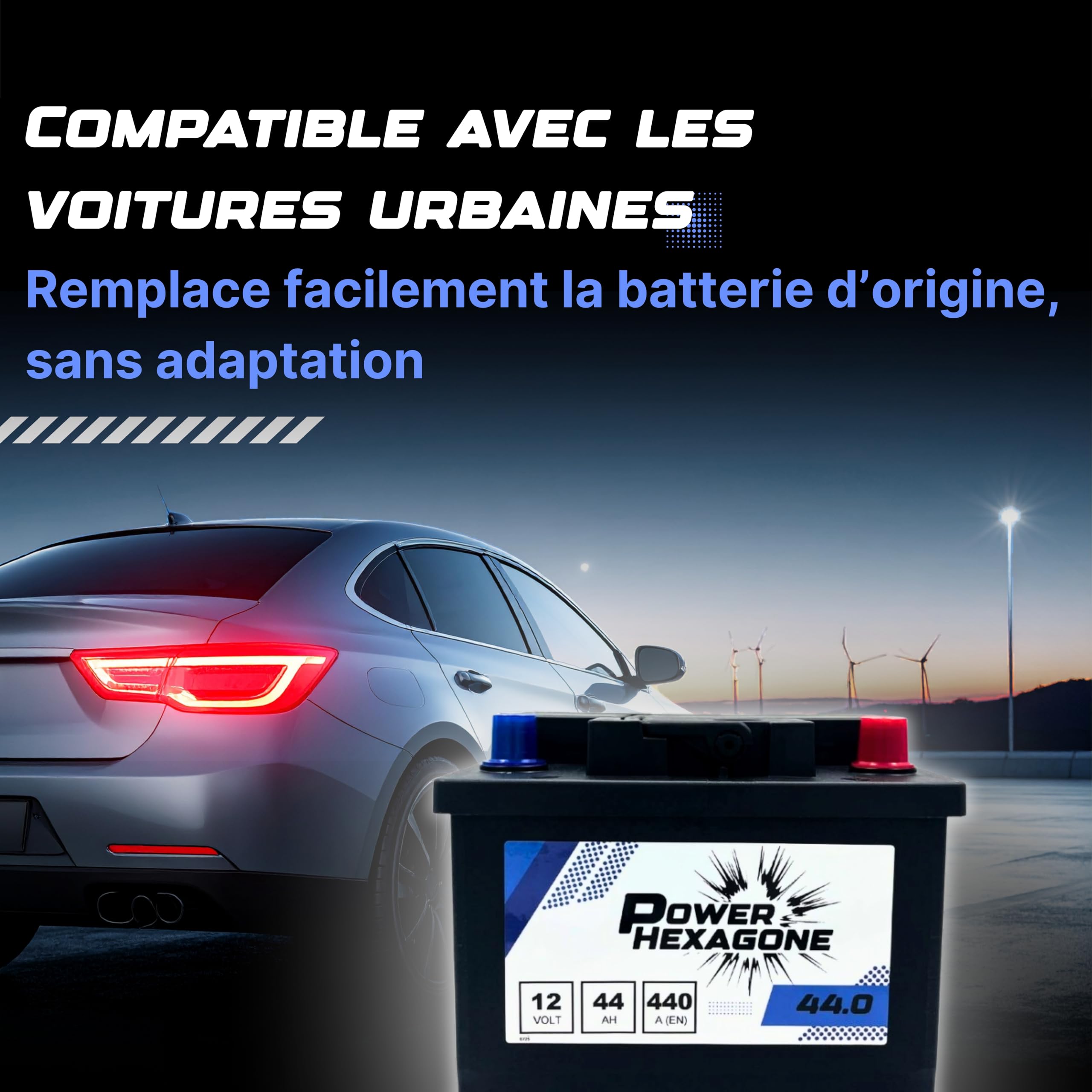 Batterie Voiture 12V 44Ah LB1 - Démarrage 440A - Format Compact pour citadine - Batterie Auto Sans Entretien - Remplacement Origine constructeur - Power Hexagone livraison rapide