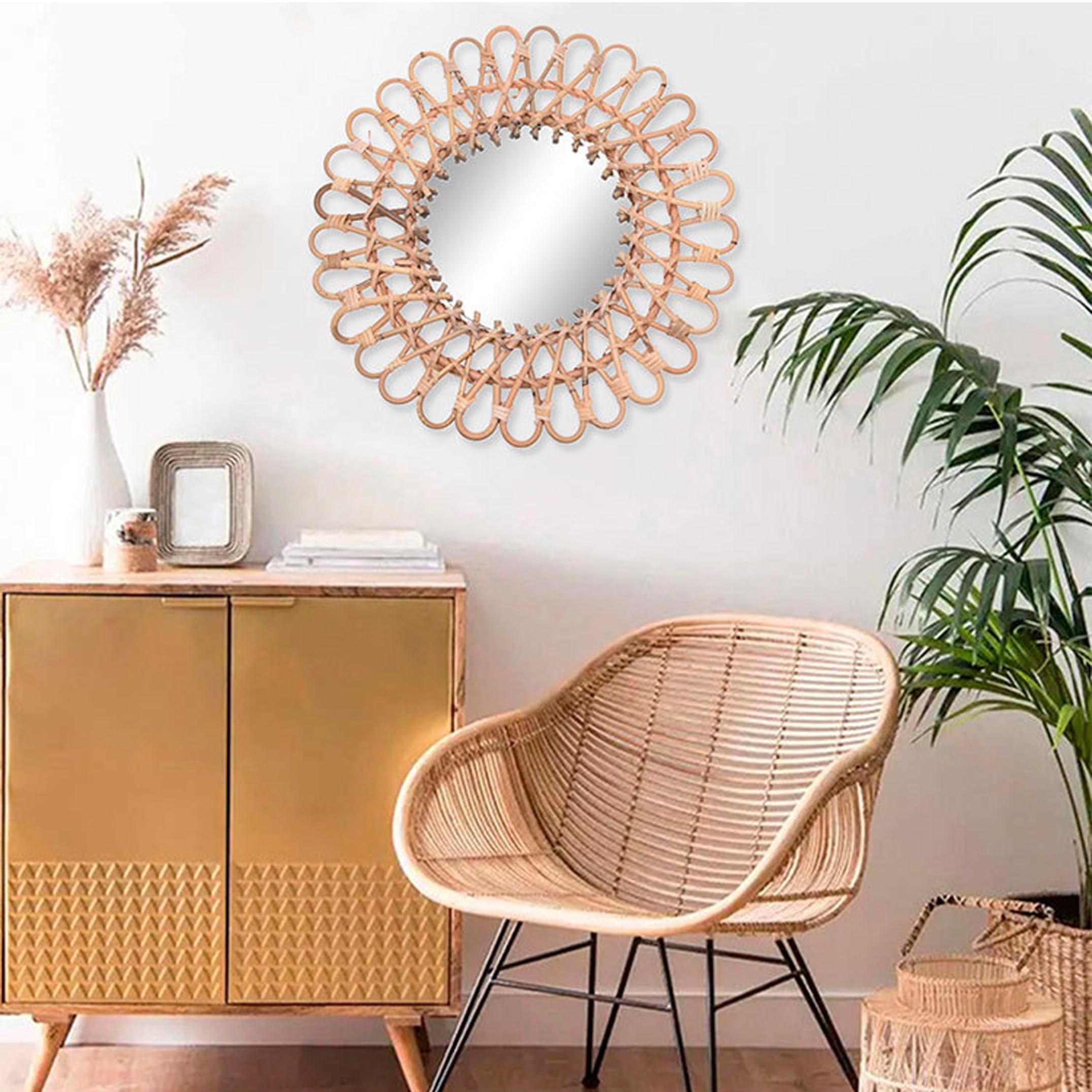 Specchio in rattan intrecciato a mano, arredamento per la camera Boho kaki Arredamento per la camera Boho Specchio decorativo in vimini