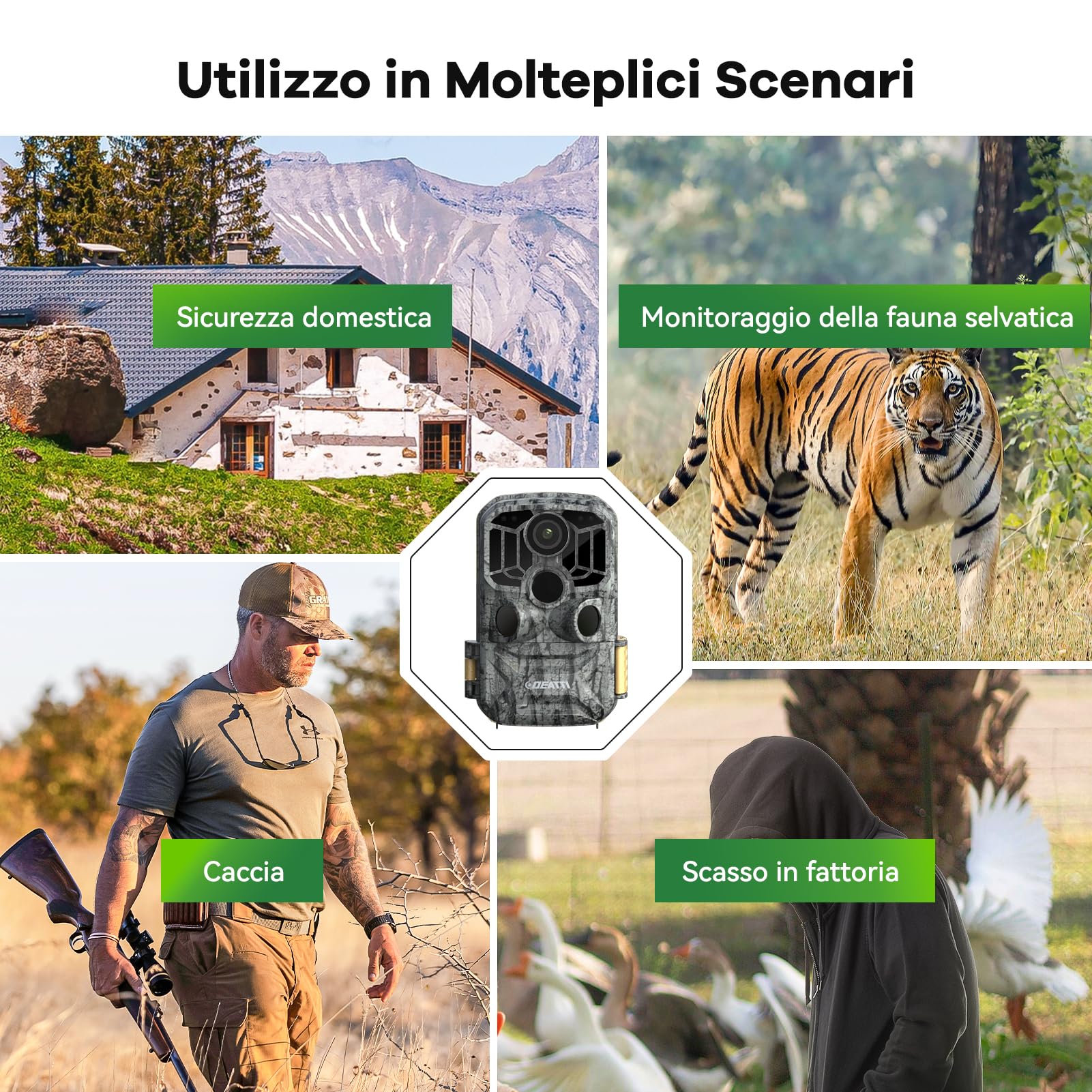 DEATTI Fototrappola WIFI 4K 48MP con Scheda SD 32GB e 8 batterie AA Fotocamera Velocità di Trigger 0,1S, Fototrappole Caccia Visione Notturna Impermeabile IP66