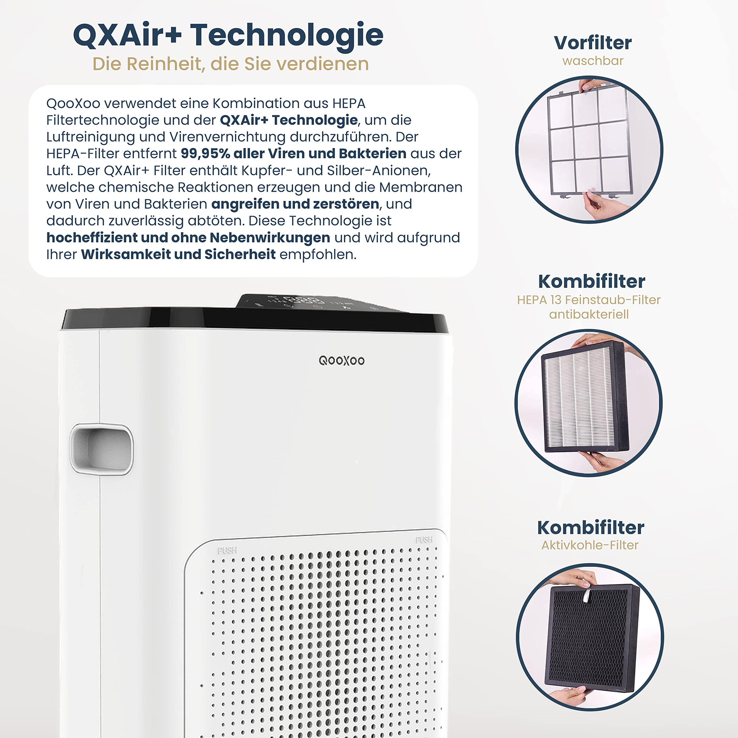Oczyszczacz powietrza QXPure3 - Austrian Innovations - CADR 215 m³/h -do 50 m² - filtr HEPA13 do pyłków, drobnego pyłu, dymu, substancji szkodliwych i technologii QXAir+ zabija 99,95% wirusów i