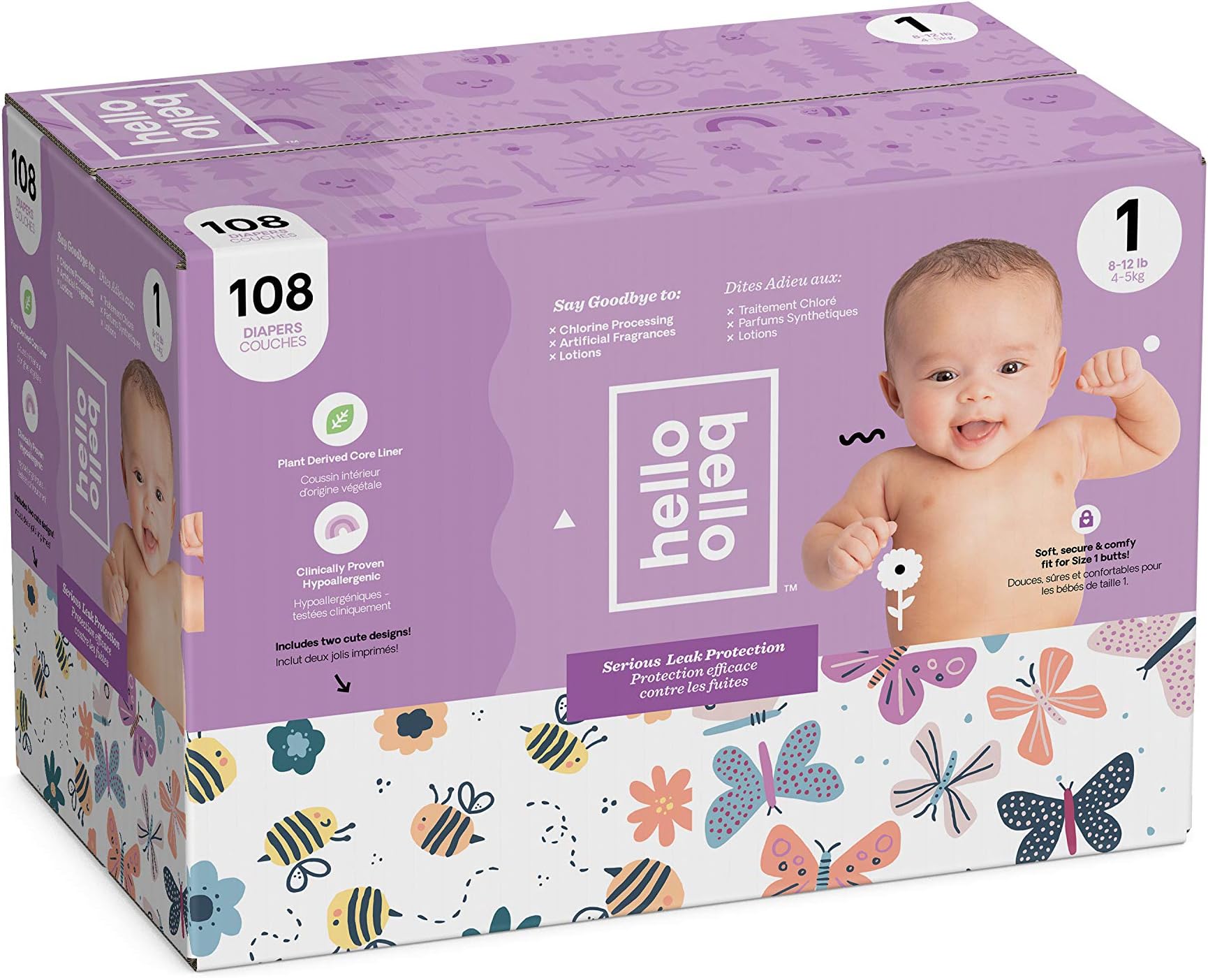 Hello BelloClub Diaper - Bees/Butterflies - Girl - Size 1 108Ct