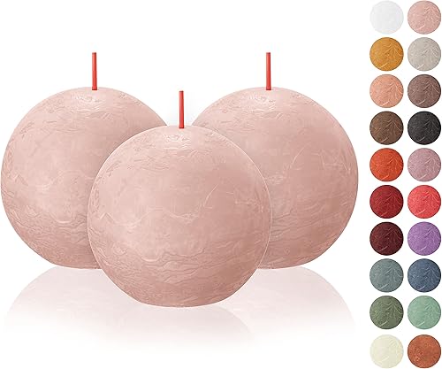 BOLSIUS Paquete de 3 velas rústicas de pilar de bola rosa brumosa, 3 pulgadas, calidad europea premium, incluye cera natural a base de plantas, sin