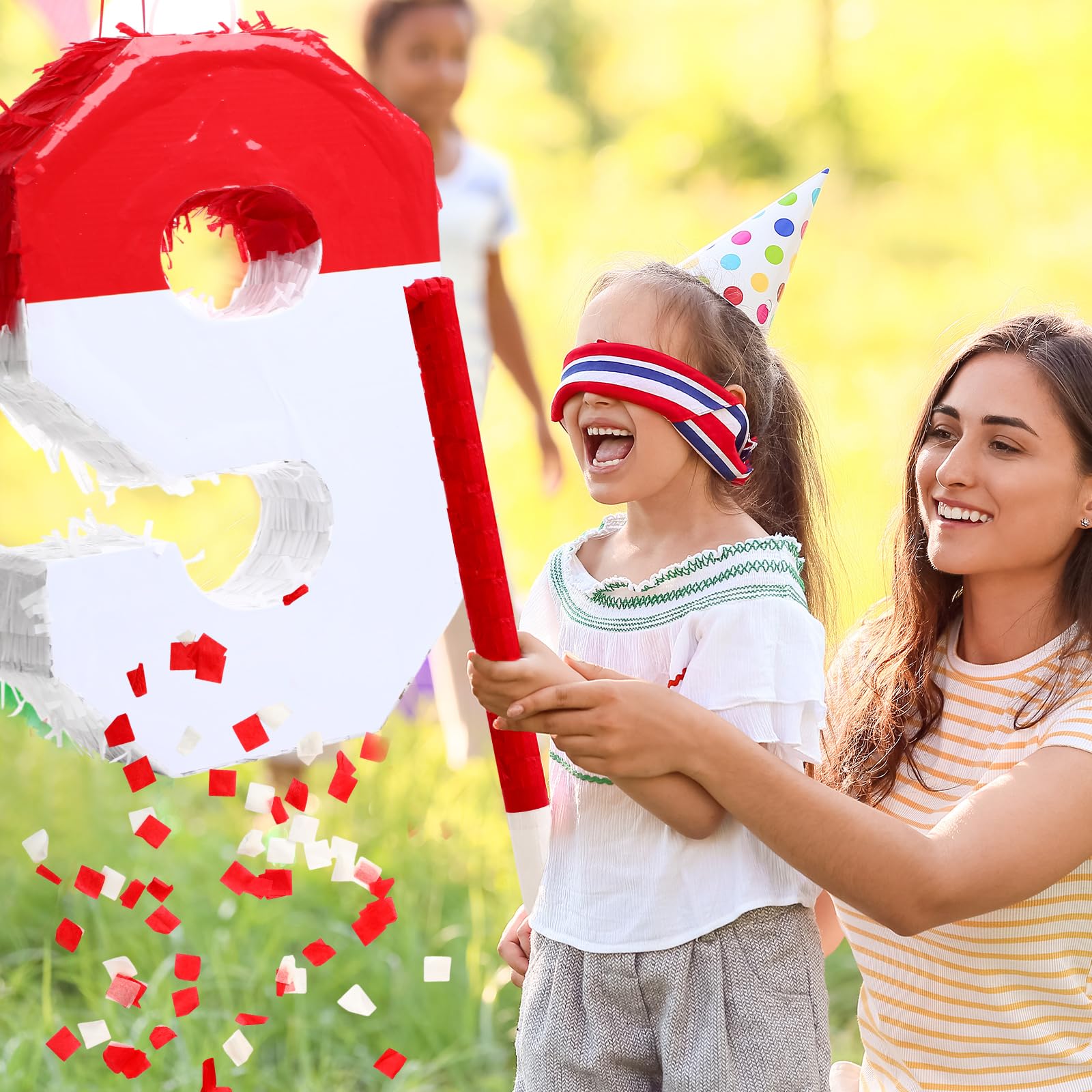 Poen Piñata a forma di numero, con maschera per gli occhi e coriandoli, piñata rossa e bianca, per bambini, ragazzi, ragazze, compleanni, anniversari, celebrazioni, forniture per feste, 40 x 28 x 7,1