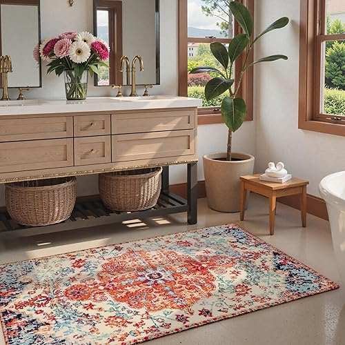 Miniatura 9 de Lahome Alfombra bohemia con medallón floral de 3 x 5 pies, suave, impresa, para baño, cocina, entrada, vestíbulo, vintage, antideslizante, lavable