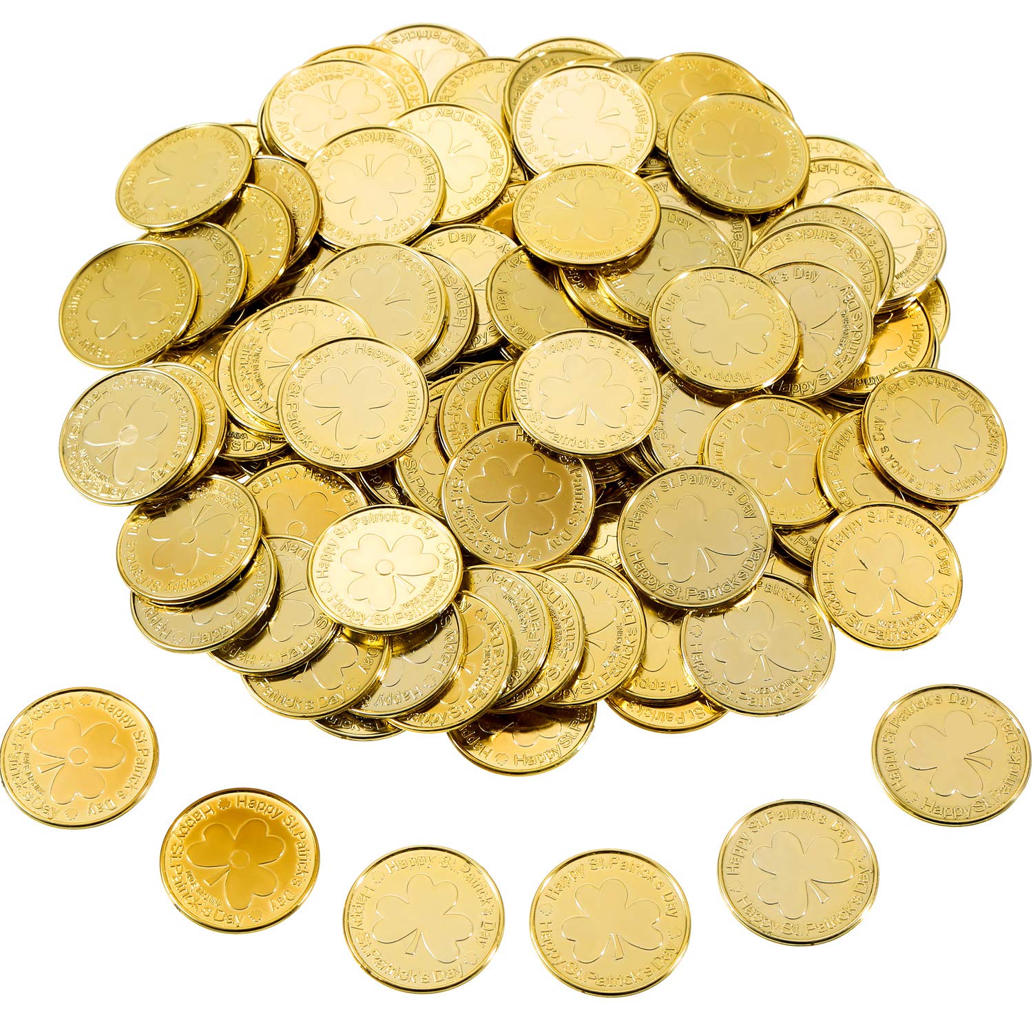 Zhanmai 120 Pieces St. Patrick's Day Coins Shamrock Lucky Plastic Coins Table Scatter Decoration for Party Favor Supplies (Gold Color)