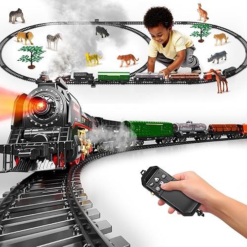 Juego de tren de juguete para niños, juguetes de tren a control remoto con locomotora de humo de 3 vías, 5 vagones de tren, kit de pista de lujo, 12