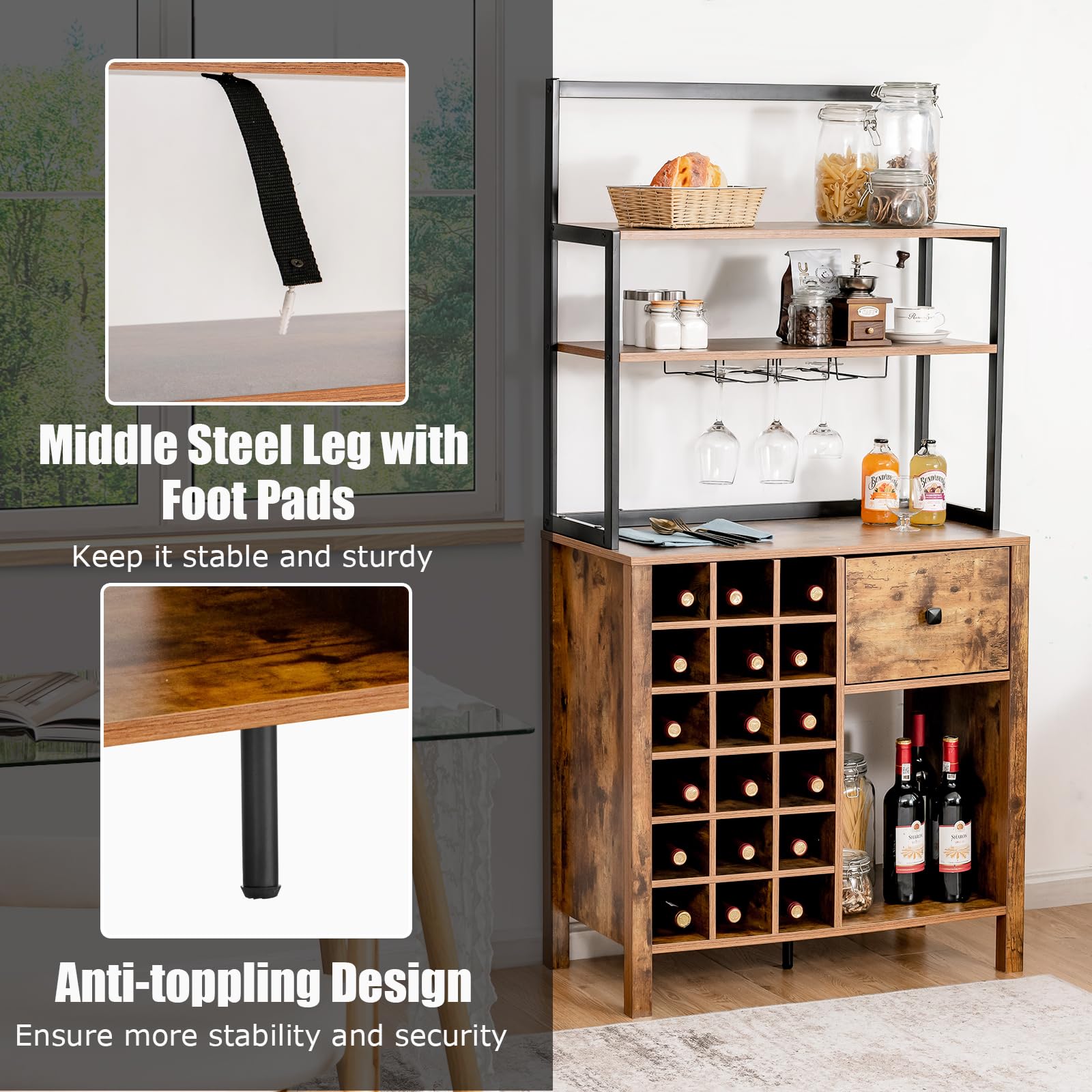 KOMFOTTEU Armoire de Cuisine avec casier à vin pour 18 bouteills, Buffet de Cuisine à 4 Niveau, Meuble Rangement avec Tiroir, 74 x 40 x 160 cm, Style Industriel