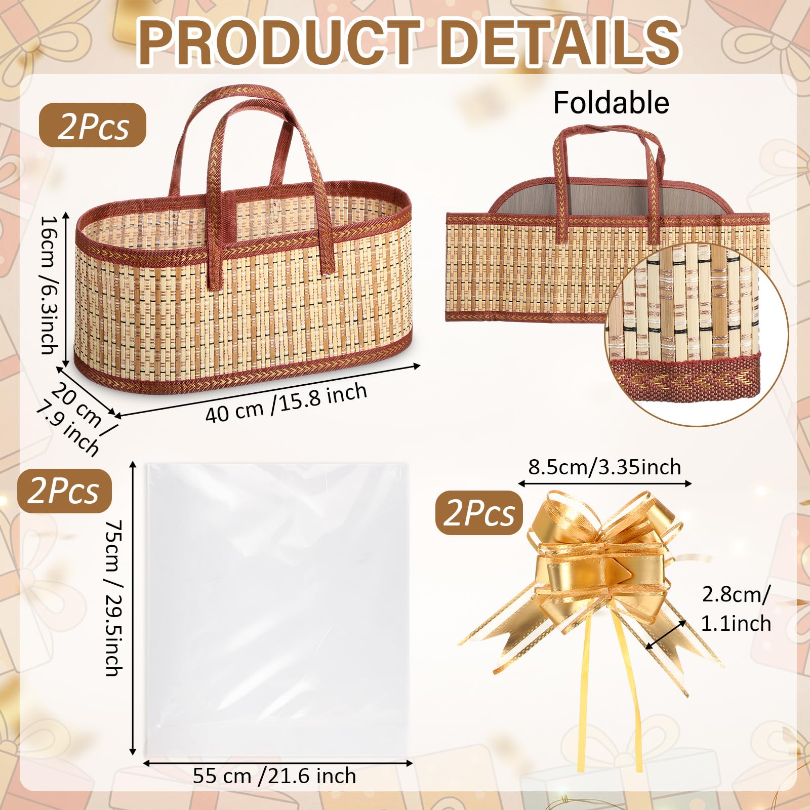 Reallnaive Set di 12 cesti regalo vuoti da riempire grandi cesti in bambù con manici, 40 x 20 x 16 cm, include sacchetti trasparenti e fiocchi per lotteria, baby shower, festa della mamma