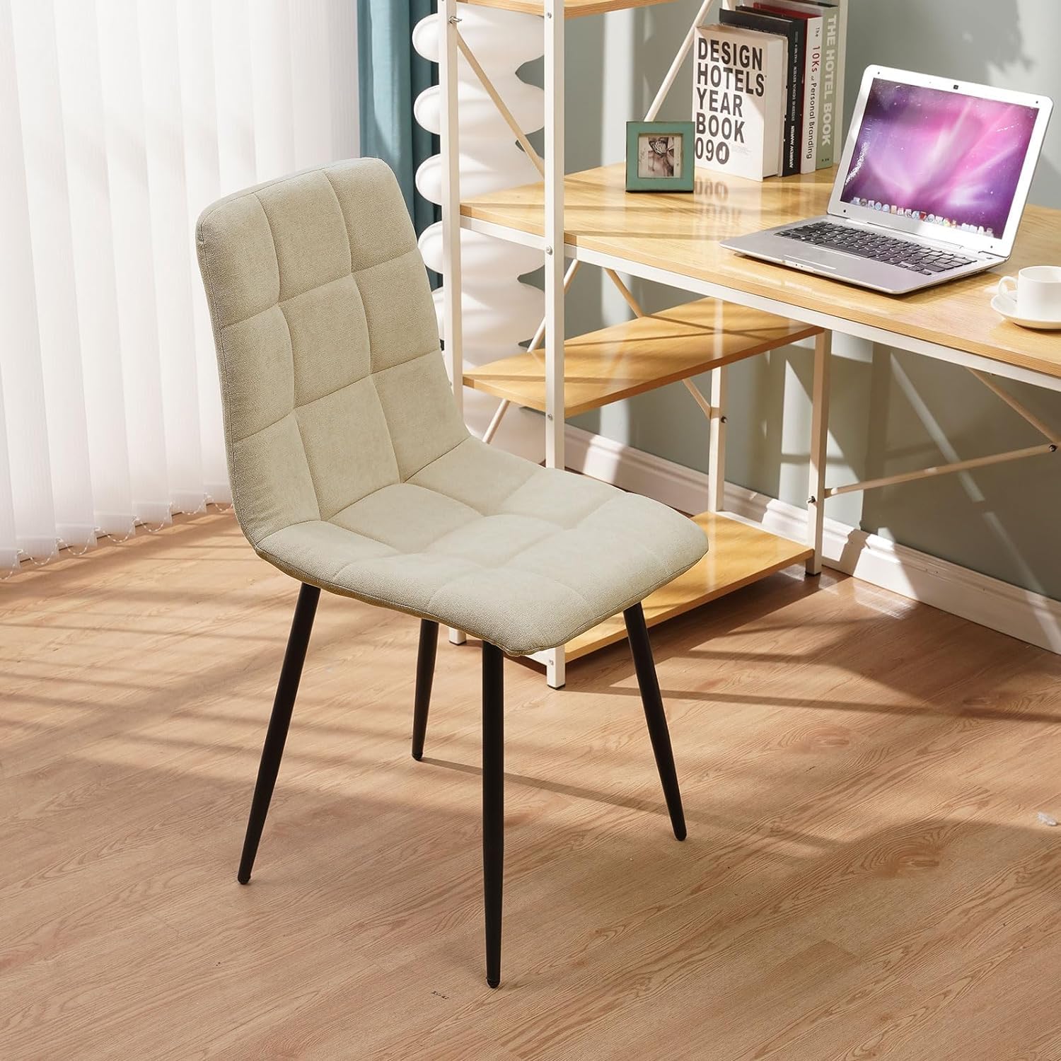 JIJIAN Set di 8 Sedie da Pranzo, Sedie Imbottite con Tessuto di Lino e Gambe in Metallo Nero, Design a Scacchi, per Sala da Pranzo, Soggiorno, Camera da Letto, Cucina, Soggiorno, Reception, Beige