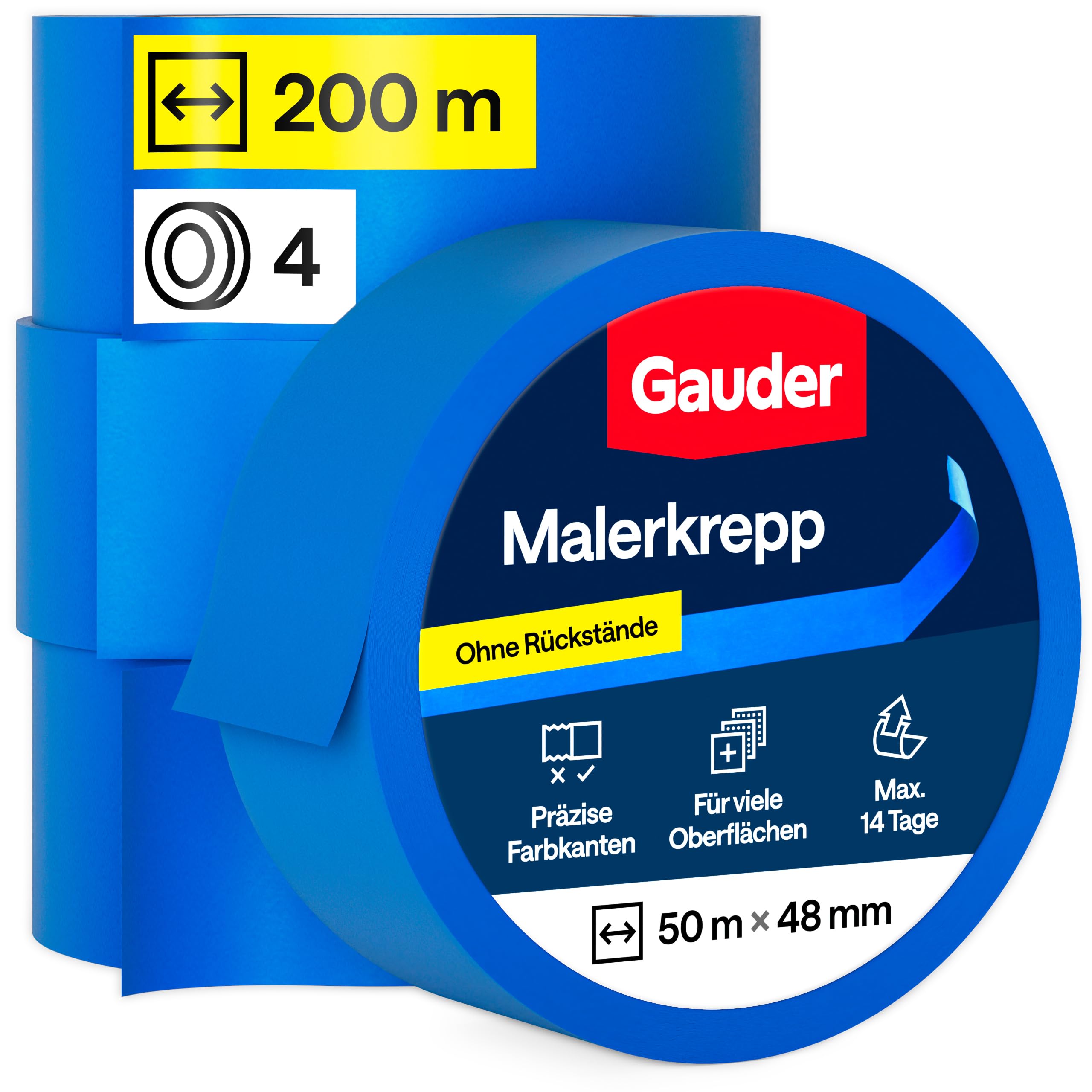 GAUDER Malerkrepp für präzise Farbkanten - Kreppband für Malerarbeiten - Malerband & Abdeckband blau - Abklebeband Maler Washi-Papier - Masking Tape - Klebeband Malertape (4 Rollen - 48 mm x 50 m)