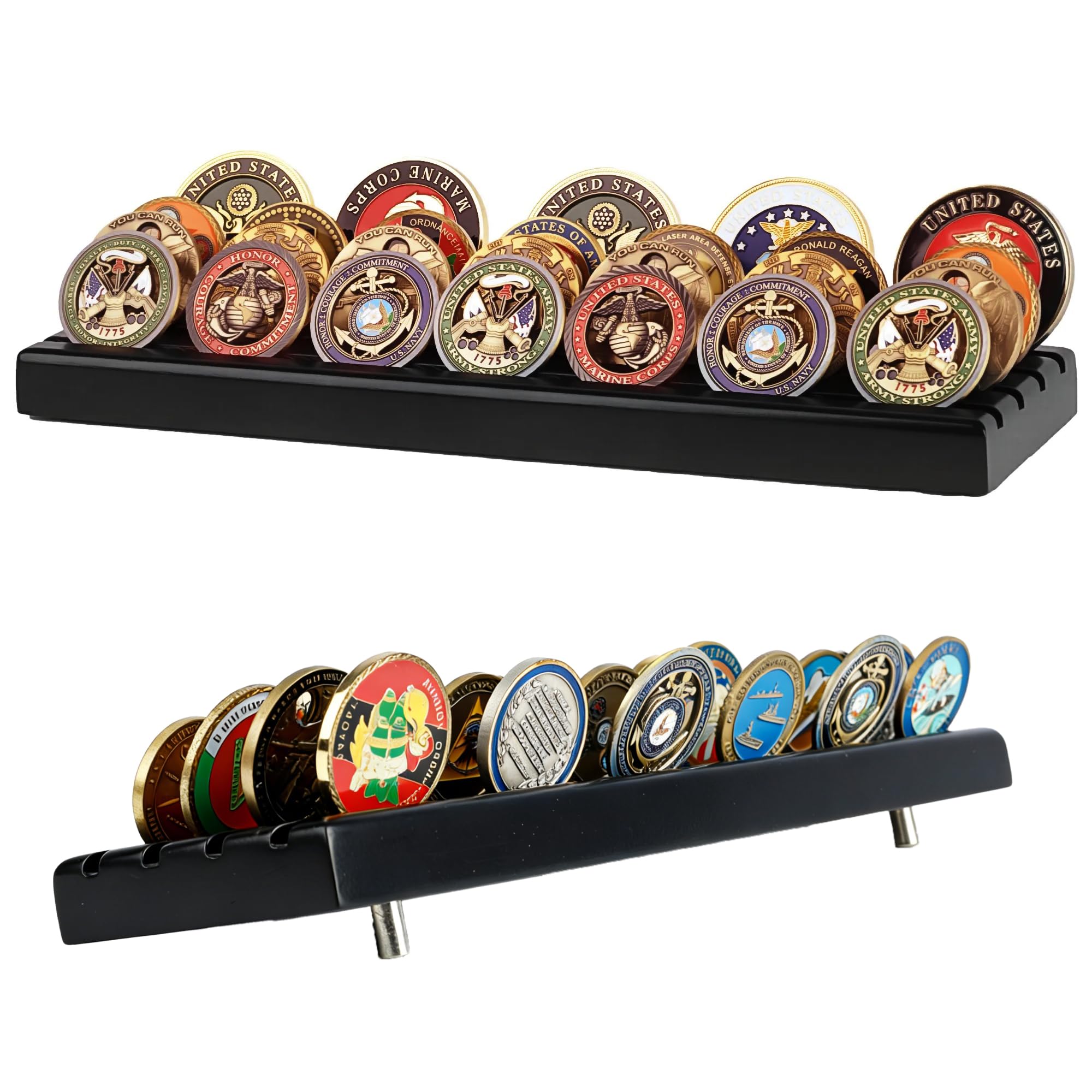 DisplayGifts Challenge Coin Display Stand, 4 Row Wooden Holder Rack Case (Black - Style 2 - 4 Rows)