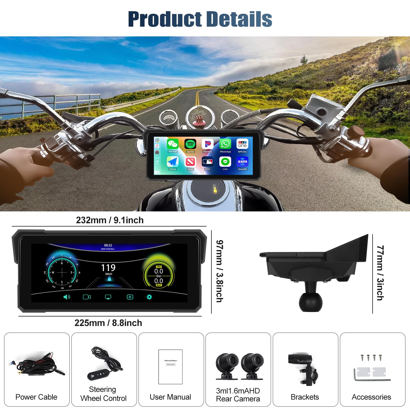 CAMECHO Wireless Carplay Moto Schermo per Moto, 8.1 pollici Navigatore moto con Doppia Telecamera AV/AR IP68, CarPlay & Android Auto Senza Fili, Bluetooth | HD 1600x600, Montaggio Universale