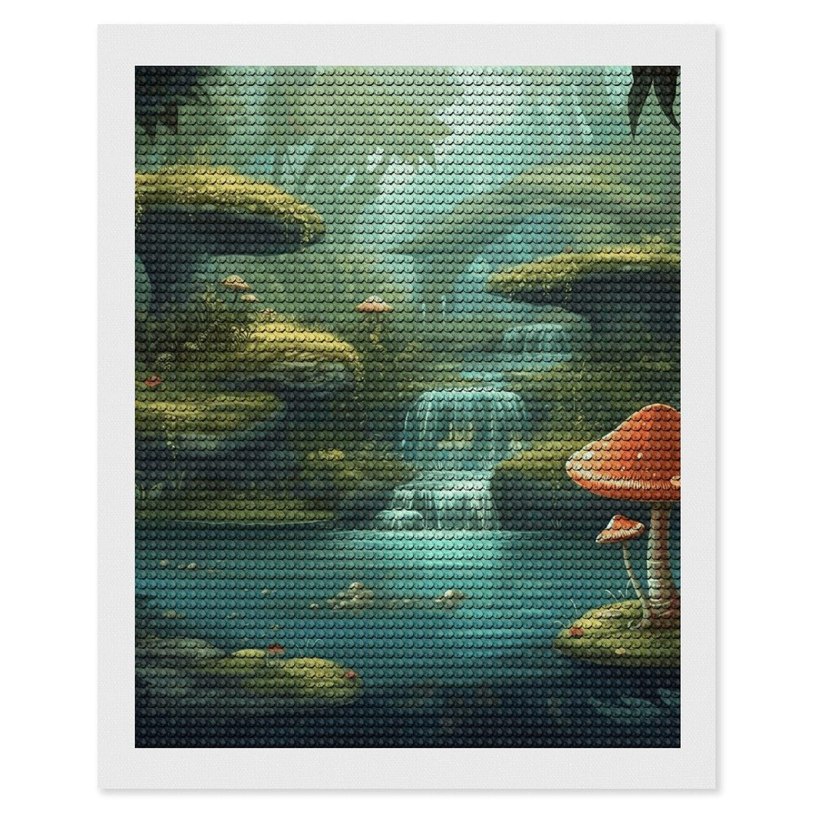 Diamond Painting Kits for Adults - DIY Diamond Art Kits for Beginners - Full 5D Paint Drill Diamond Dots Paintings- View of Fantasy River Mushroom Diamonds Pictures Gem Art And Craft Wall Decor 16"x20