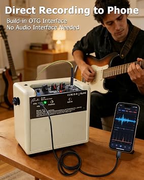 Ranch Mini Electric Guitar Amplifier with OTG Recording, Cream Guitar Amp | Portable Rechargeable Guitar Amp with Wireless Sync & Headphone Output, 3-Channel Desktop Speaker for Practice & Travel