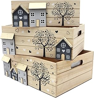 UNUS Wooden Crates Set of 3, Wooden Decoration in Country House Style, 26 x 16 x 10 cm with Plant Film, Plantable Storage Box, Wood, Decorative Boxes as a Gift, Decoration for Balcony or Indoor Use