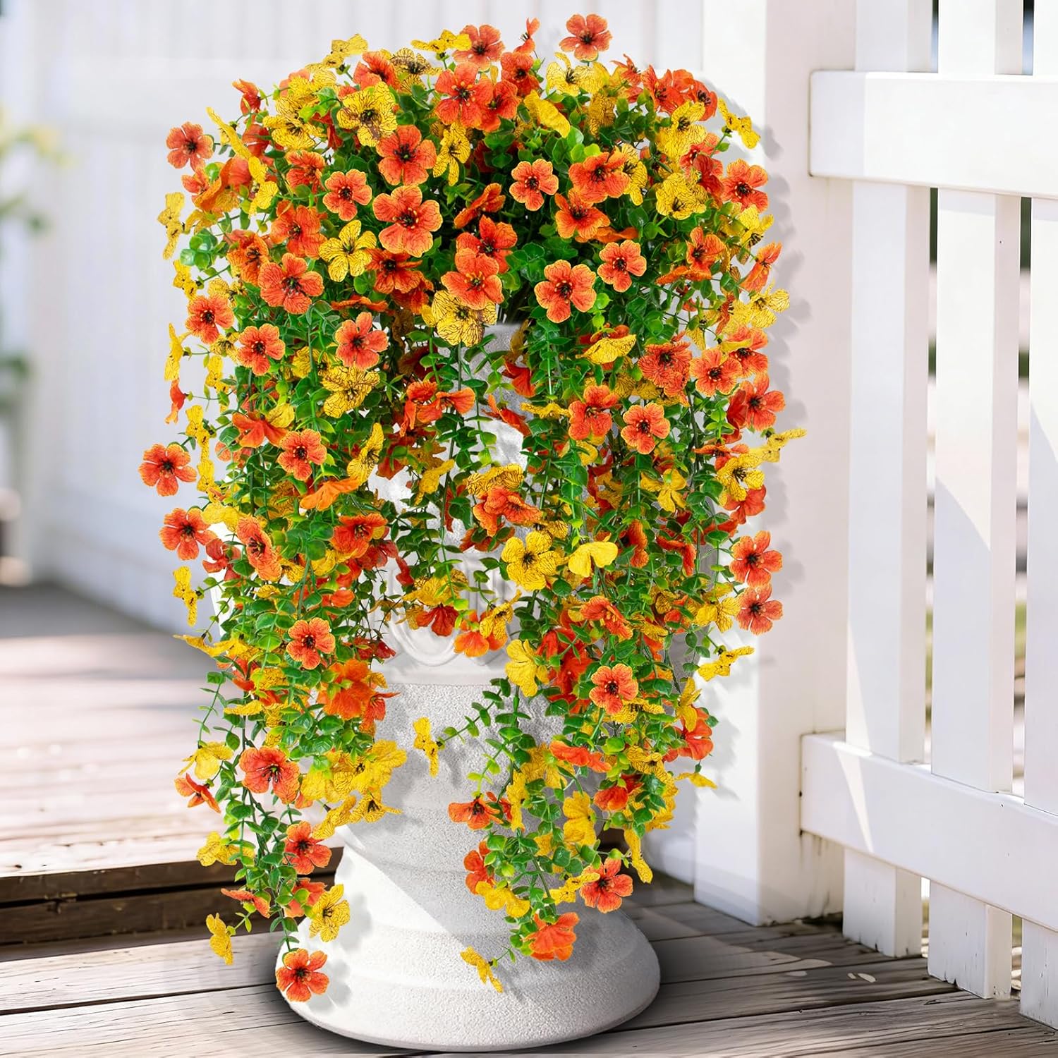 Artificial Flowers for Outdoors Decoration, 2 PCS Fake Flower Plants UV Resistant Faux Hanging Spring Flowers Long Trailing Vines for Home Porch Garden Patio Yard (Mix Orange and Yellow)