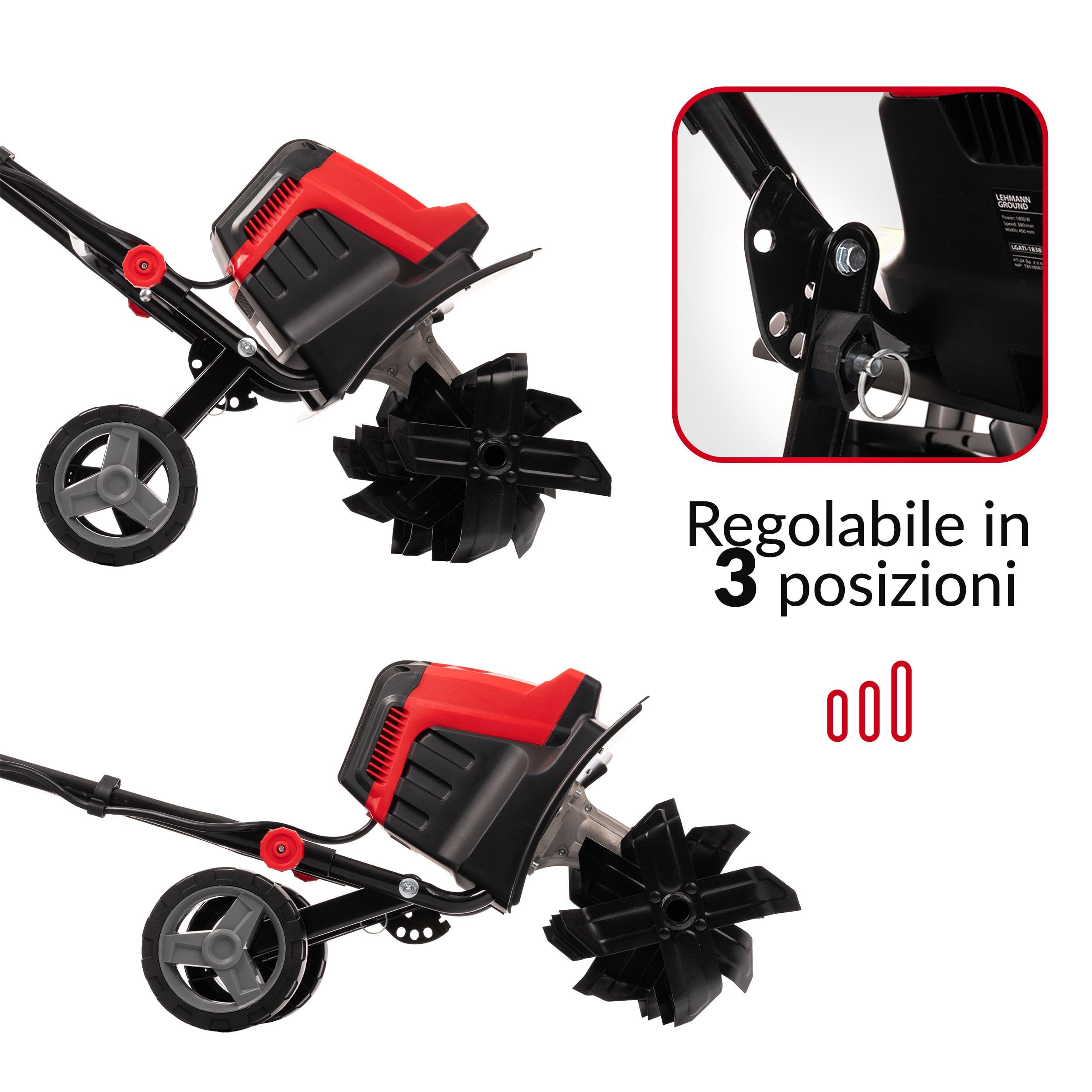 LEHMANN Motozappa Elettrica, 1800 W, Elettrozappa con Larghezza di lavoro 45 cm e Profondità 22 cm, 24 Lame, Ruote di Trasporto, Manico Pieghevole, Zappatrice per Orto e Giardino, Rosso/Nero