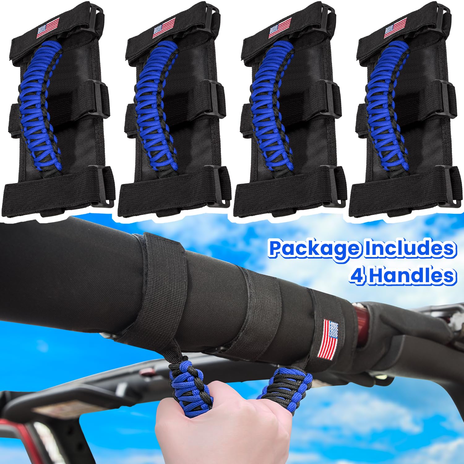 4 maniglie per roll-bar per Jeep Wrangler YJ TJ JK JKU JL JLU Sport Sahara Freedom Rubicon Unlimited X Gladiator JT 1955 – 2024 UTV ATV Premium Paracord accessori interni bandiera americana (blu)