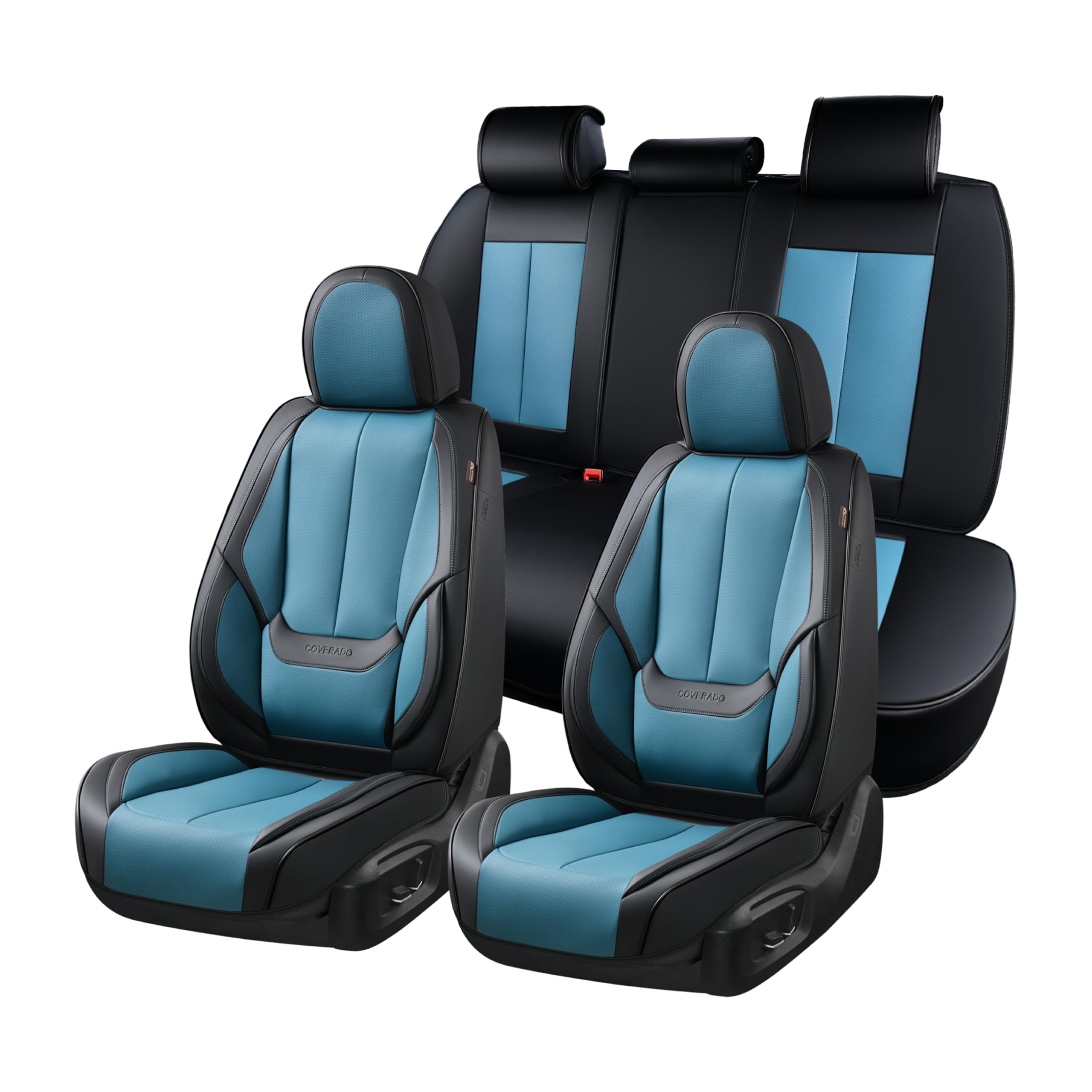 Coverado Car Seat Covers Full Set, Seat Covers for Cars, Car Seat Covers Front Seats and Back Car Seat Protector Waterproof, Leather Car Seat Cushion Universal Fit for Most Cars Black-Blue