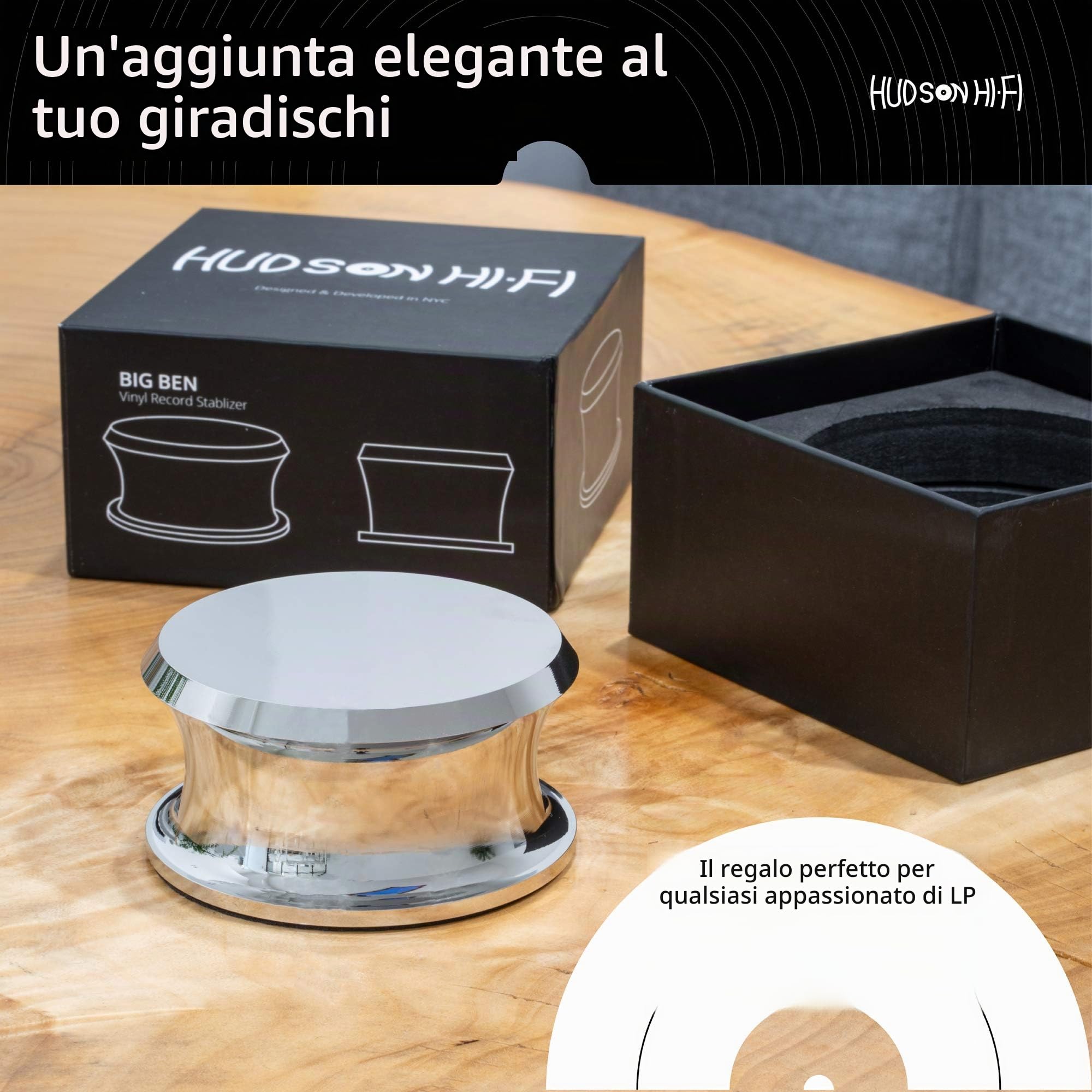 Hudson Hi-Fi BigBen - Stabilizzatore per pesi record con cuscinetto protettivo in pelle, peso per giradischi in vinile da 368,5 g, resistente ed elegante, adatto a qualsiasi giradischi, cromato