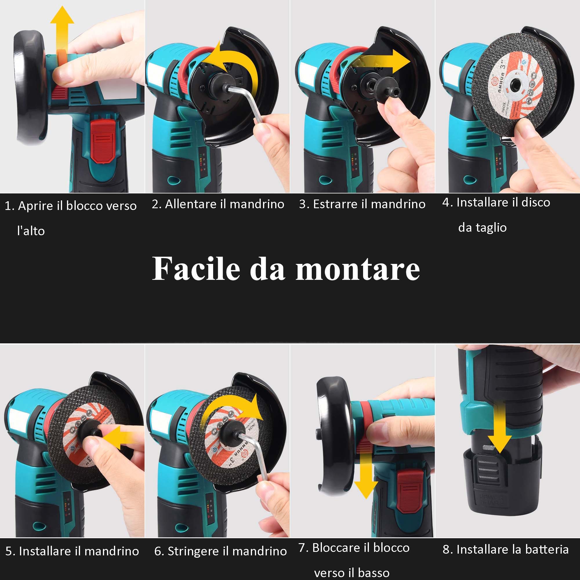 Mini Smerigliatrice Angolare a Batteria 12V, 76mm Motore Brushless 19500 Giri/min, Con 2 Batterie e 8 Dischi, Utensile da Taglio Elettrico per Metallo, Legno e Piastrelle
