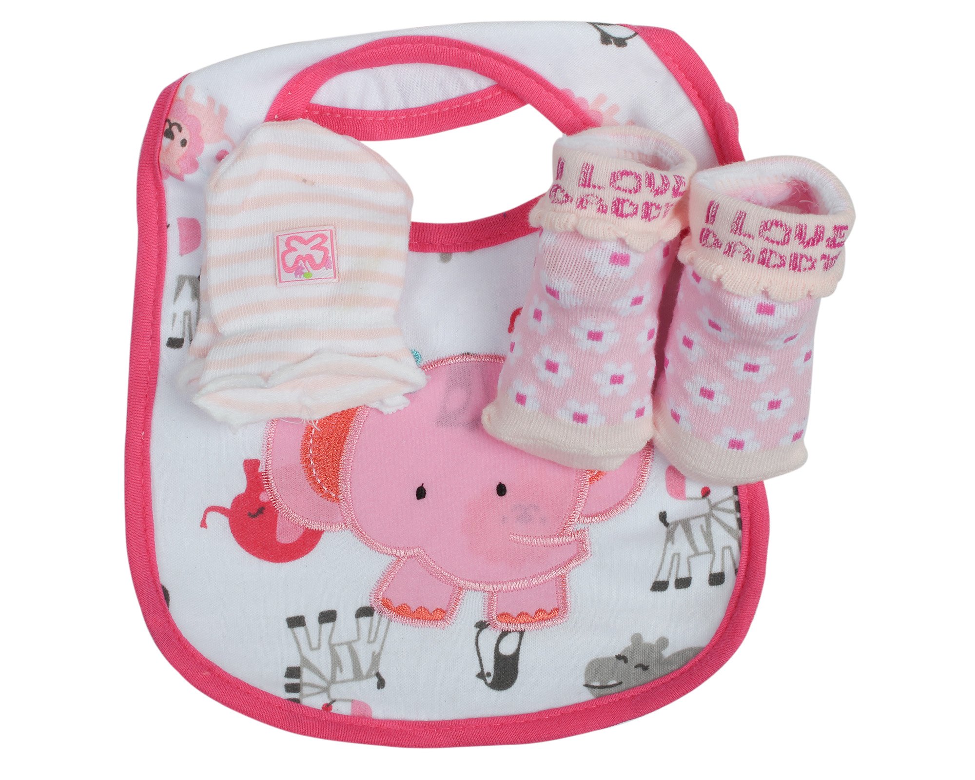 Babies Bloom Pink Elephant Design 3 Pcs Baby Bib, Anti Scratch Mittens and Socks Gift Set (0-6 Months)-image-17