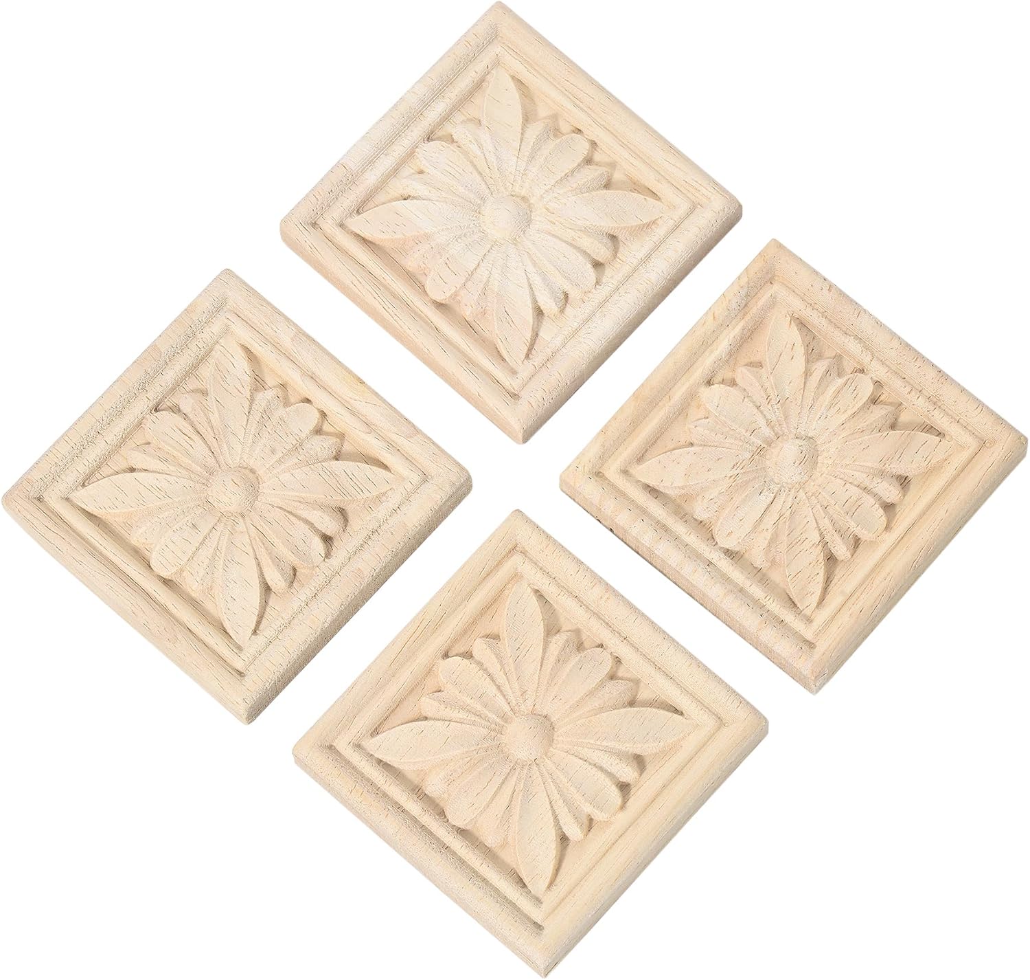 Metany 4 Pack Wooden Carved Appliques Onlays - 2.36" Square Rubber Wood Decals for Furniture, Cabinets, Doors, Mirrors, DIY Home Decor