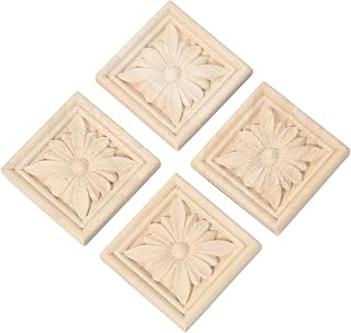Metany 4 Pack Wooden Carved Appliques Onlays - 2.36" Square Rubber Wood Decals for Furniture, Cabinets, Doors, Mirrors, DIY Home Decor