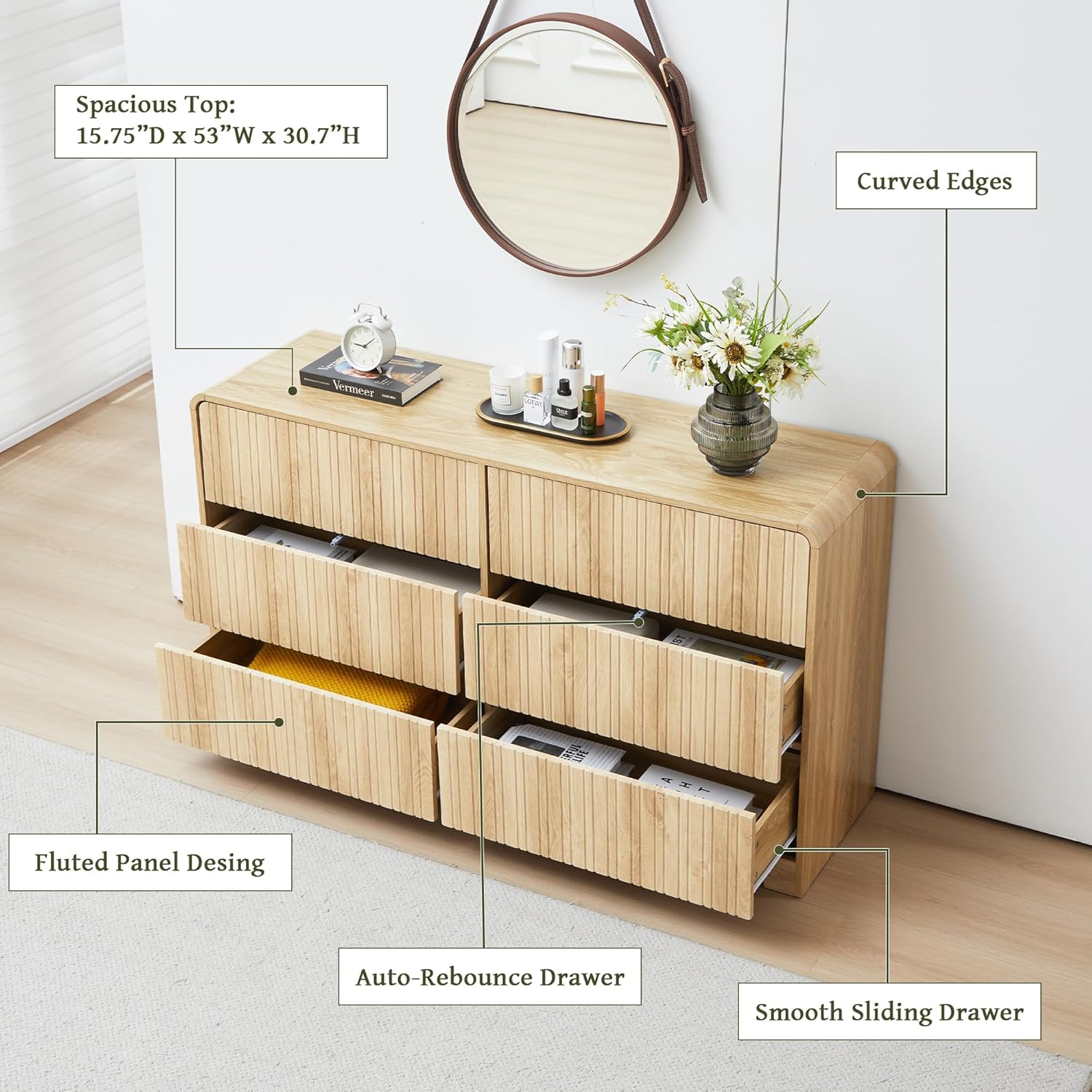 Fluted 6 Drawers Dresser for Bedroom, 53" Wide Mid Century Modern Chest of Drawer with Curved Profile Design, Large Double Wood Dresser for Living Room Natural 15.8"D x 53"W x 30.7"H (6 Drawers)