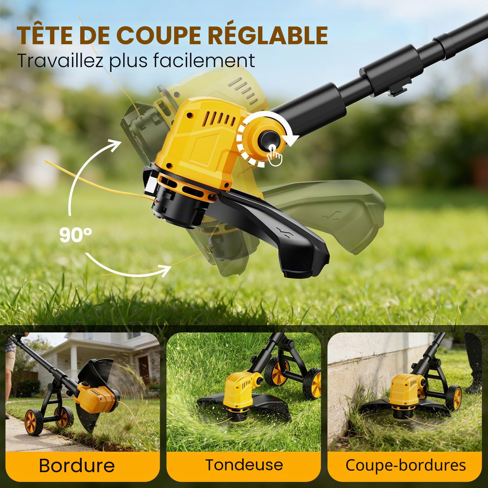 Debrouissalleuses Electrique sans Fil avec Roue, 36CM Coupe Bordures à 2×3,0 Ah Batterie et Chargeur, 800W Moteur sans Brosse,Débroussailleuse à Batterie avec 8 bobines pour Jardin et Pelouses