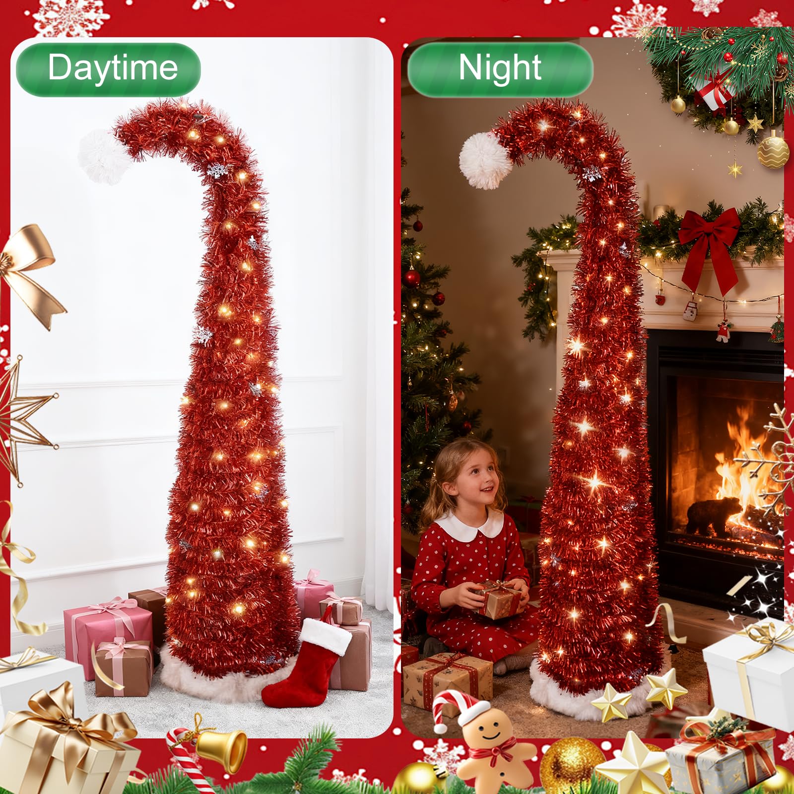 Christmas Tree – Sapin de Noël Rouge Lumineux en Forme de Chapeau de Père Noël avec Pompon Blanc et Flocons – Sapin Noel Artificiel LED Pliable pour Chambre, Bureau, fête