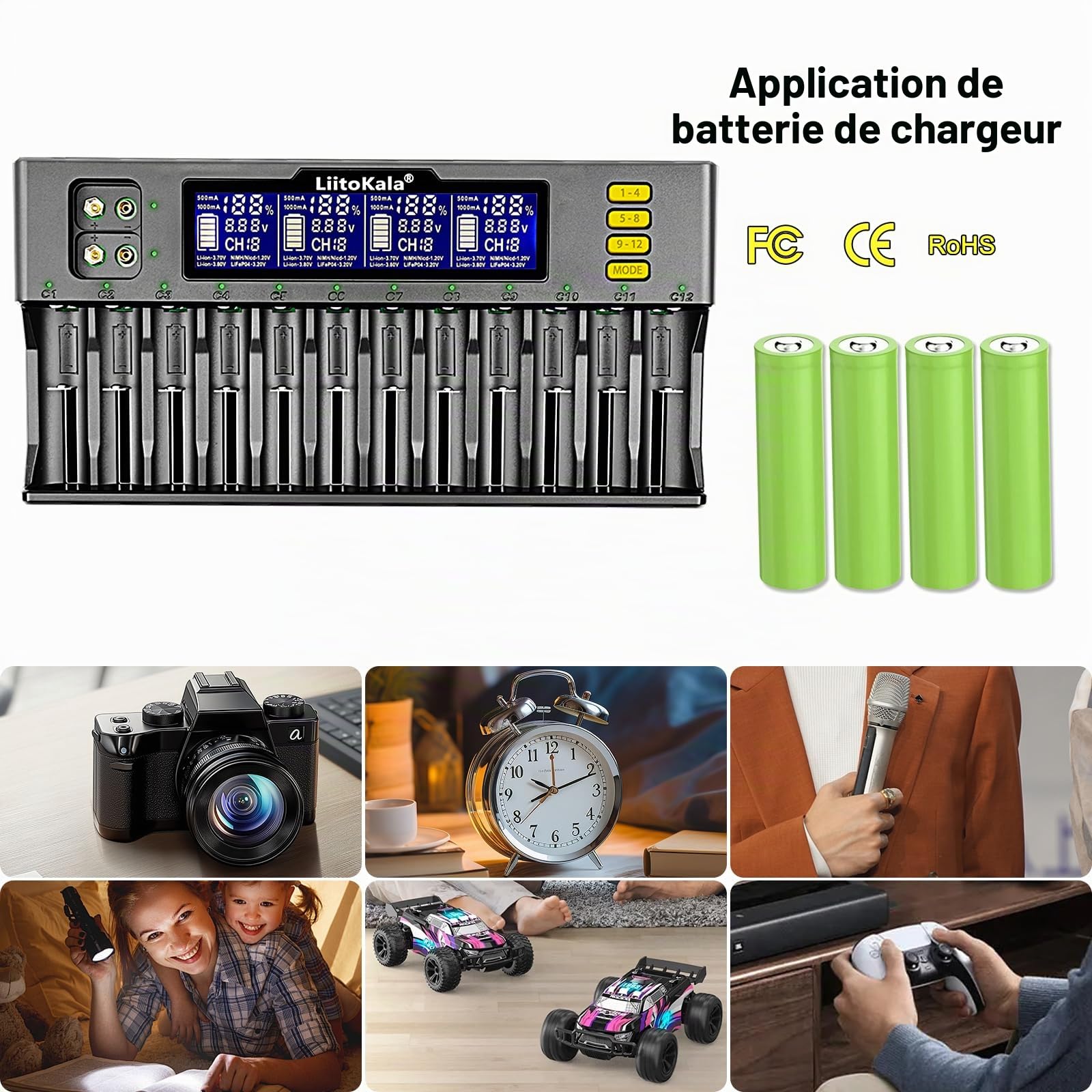 LiitoKala Lii-S12 18650 12 Bay Chargeur de Batterie Universel Rapide et Intelligent avec écran LCD,pour Li-ION(IMR/ICR) LiFePO4 Ni-MH/CD 18650 21700 26650 18350 14500 RCR123 9V Batteries AA AAA C