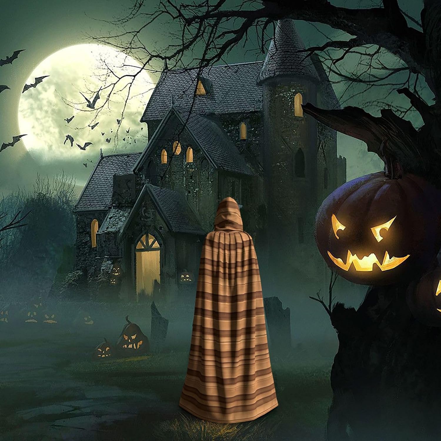 Original Wood Color Texture Men Women Halloween Role Play Party Decoration Hooded Poncho Black