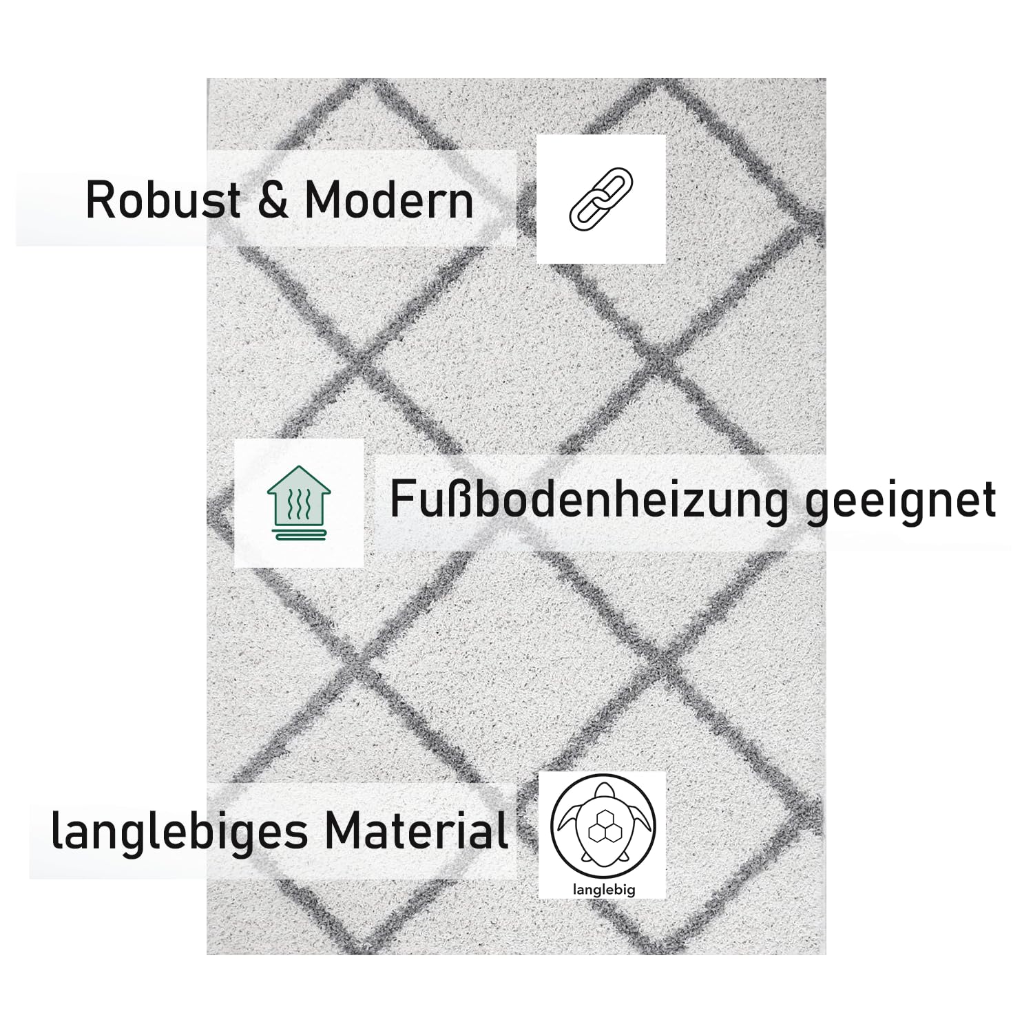 VIMODA Shaggy Tappeto Rombo Design Crema Grigio Moderno - Bianco, 120x170 cm