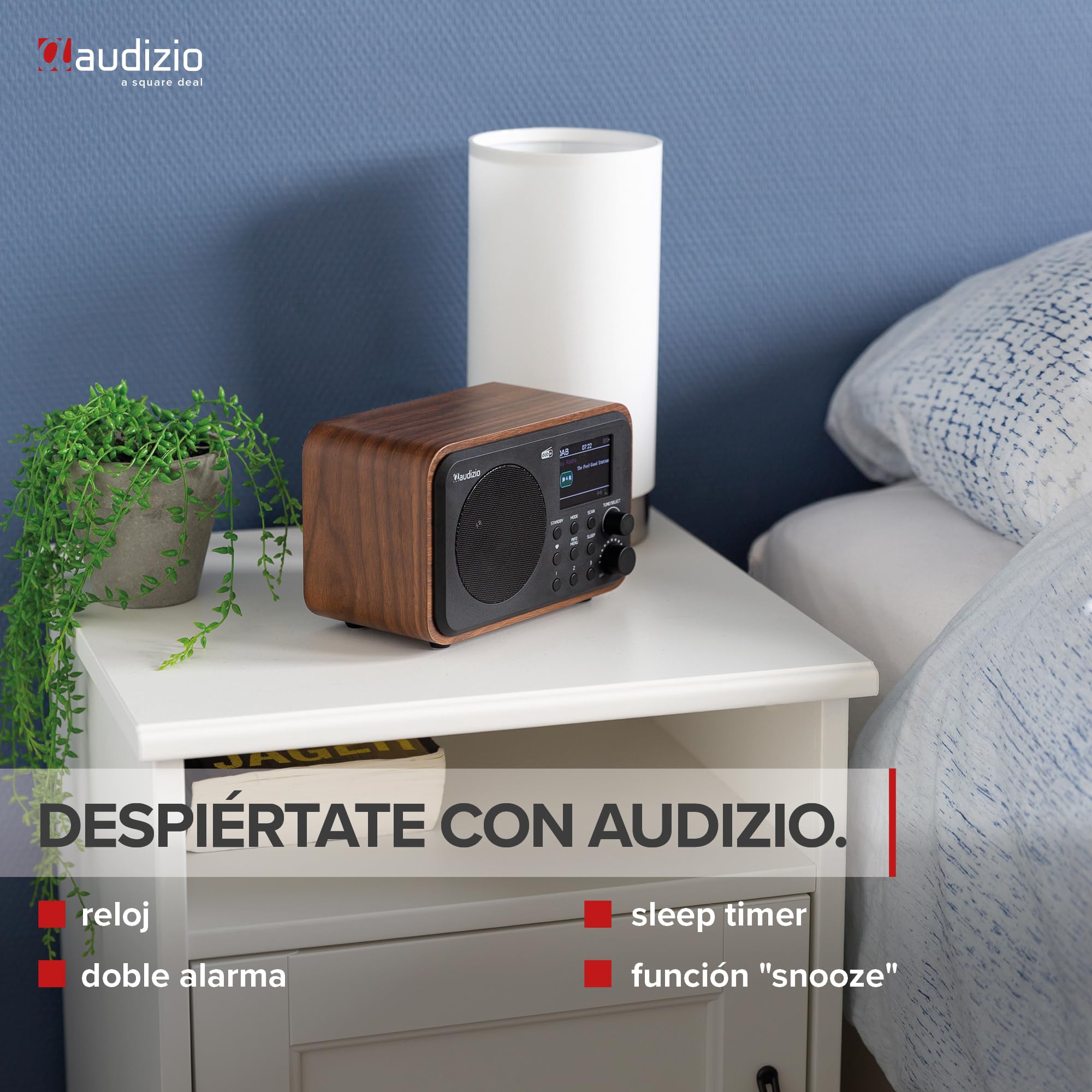 Audizio Vicenza - Radio digital DAB+/FM e Internet con Bluetooth 5.0, batería de 10h i pantalla a color, ideal para cocina, oficina o viajes, diseño compacto con WiFi integrado, acabado negro y madera