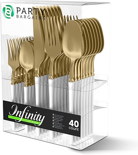 Party Bargains Juego de cubiertos desechables de plástico blanco dorado, utensilios de diseño moderno infinito, paquete de 40 16 tenedores, 8