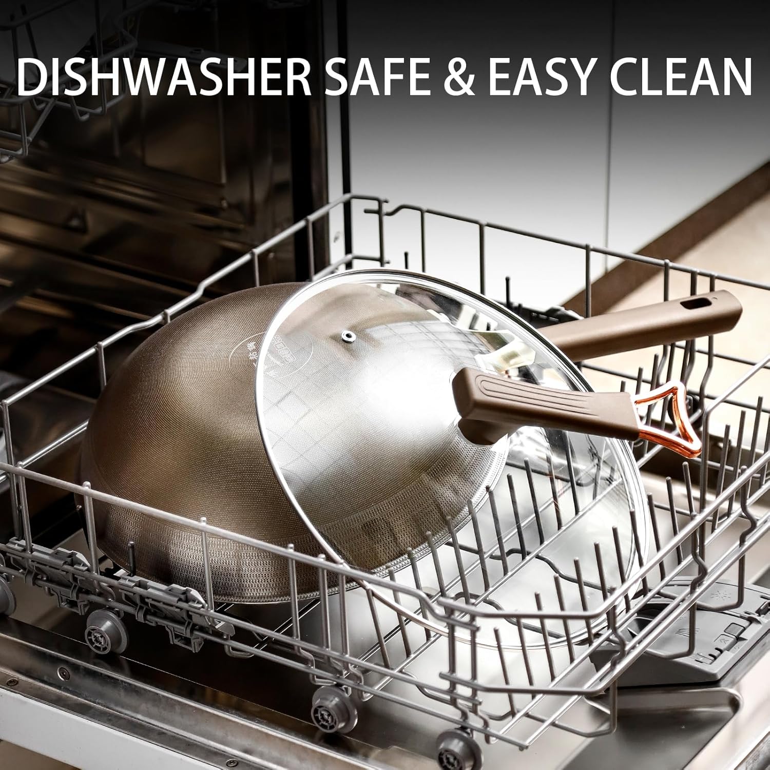 13 Inch Titanium Wok Pan with Lid - Non Stick Frying Pan, Extended Cool-Touch Handle, PFAS/PFOA/PTFE Free Flat Bottom Wok, Dishwasher Safe, Works on All Stovetops Including Induction - Image 7